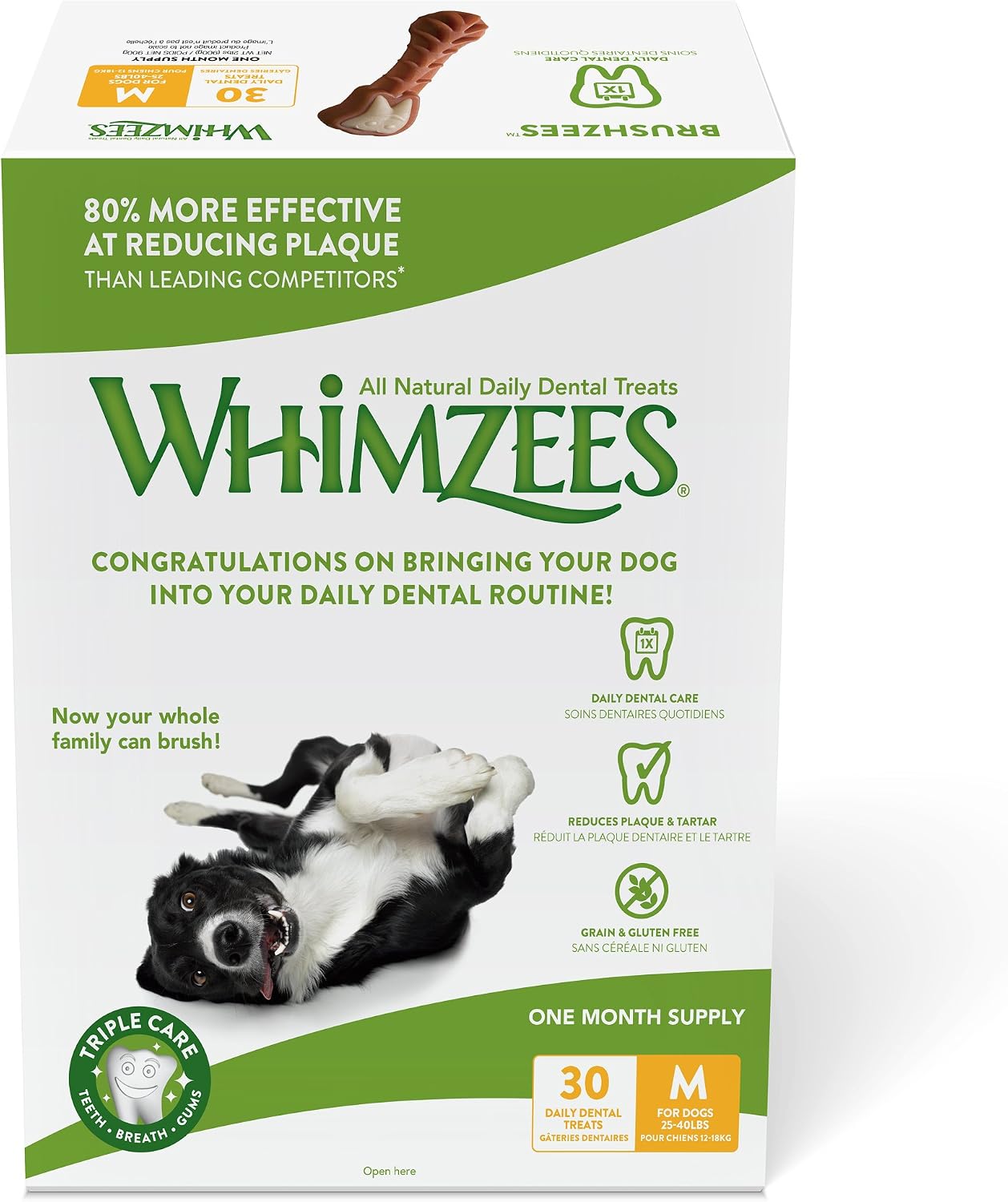 Whimzees Natural Daily Dental Long Lasting Dog Treats One Month Supply, Brushzees, Medium, Box of 30