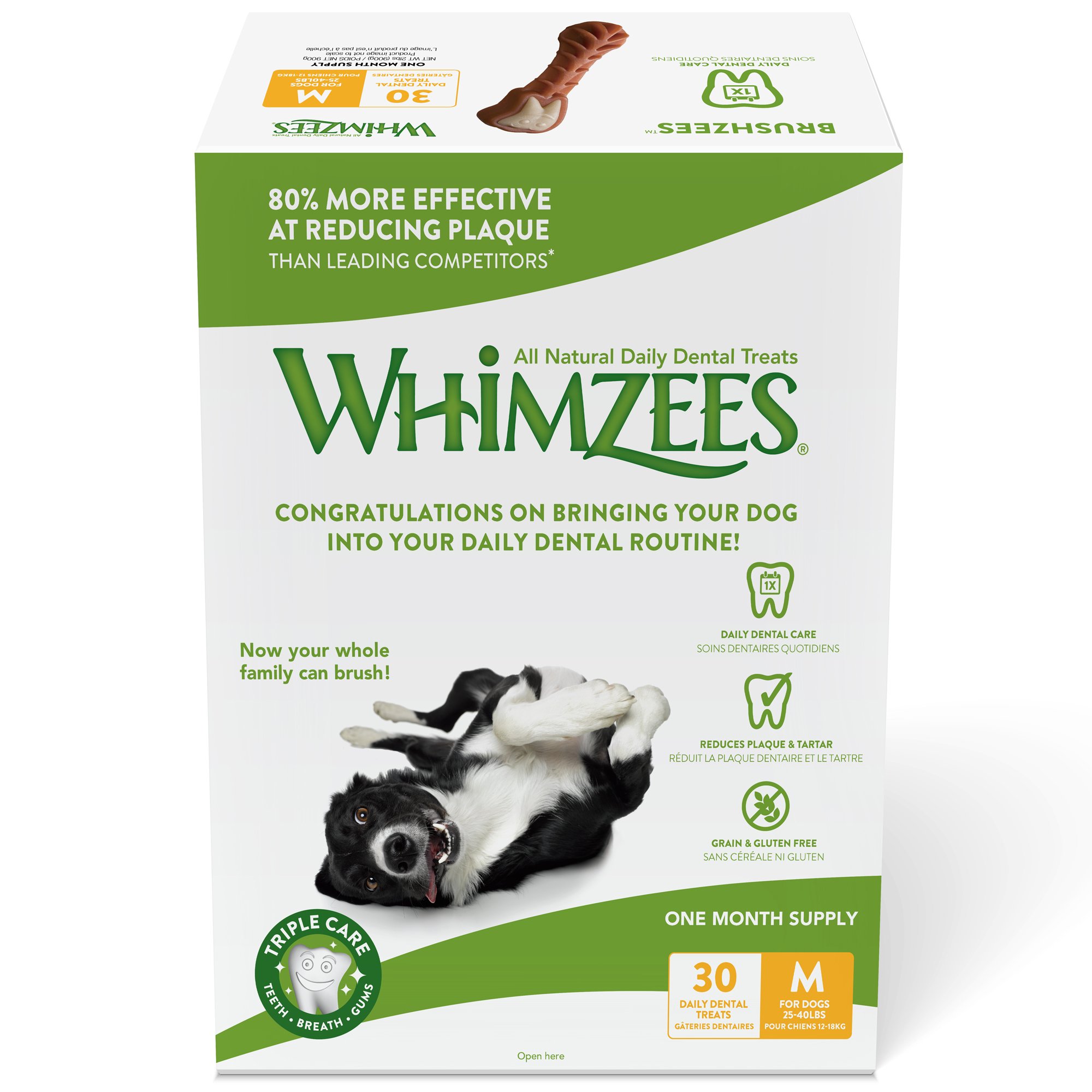 Whimzees Natural Daily Dental Long Lasting Dog Treats One Month Supply, Brushzees, Medium, Box of 30