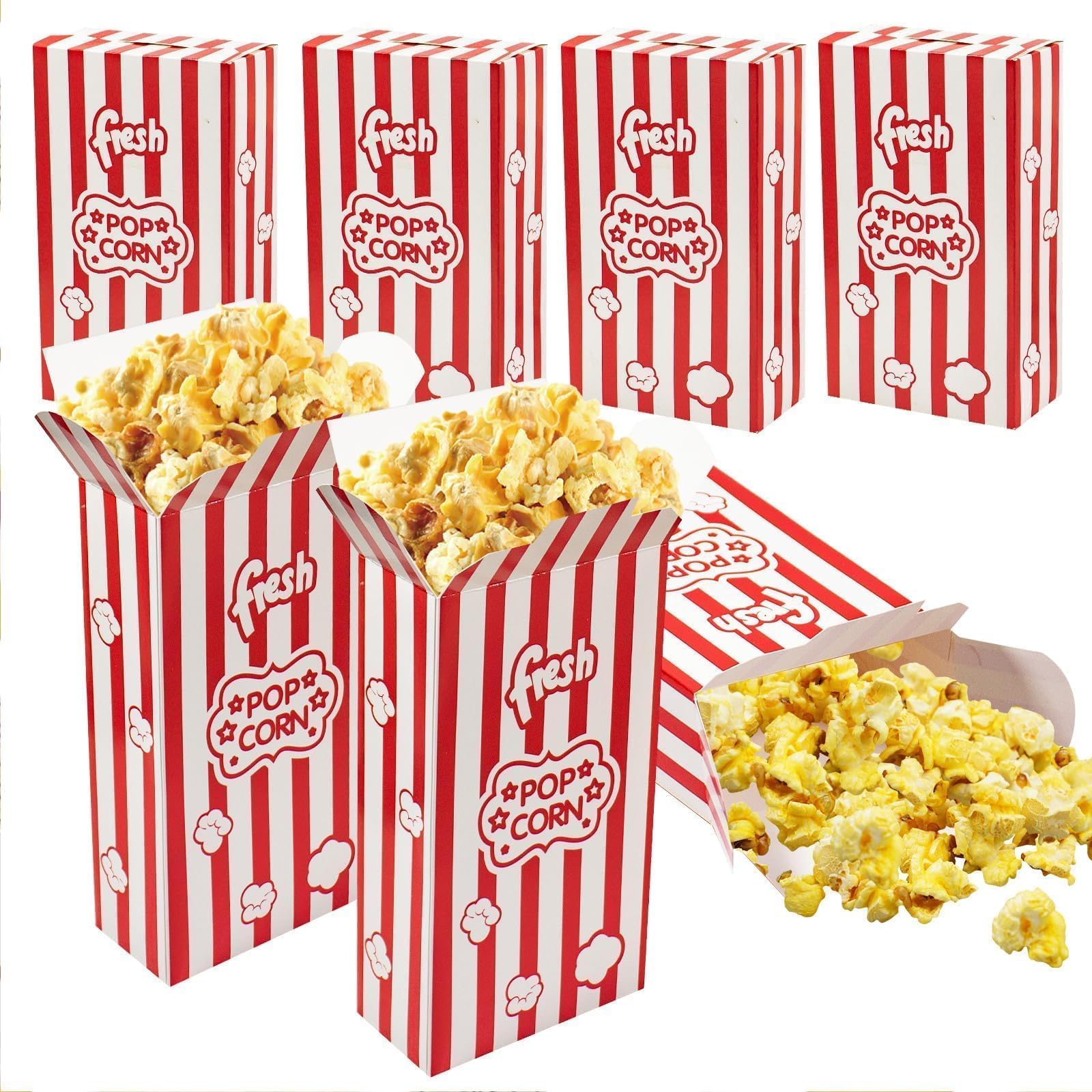 100 Pack Paper Popcorn Boxes, Classic Red &amp; White Striped Popcorn Containers, Close-Top Foldable Snack Bowl Buckets for Movie Theater Night, Carnival, Party Favors &amp; School Events