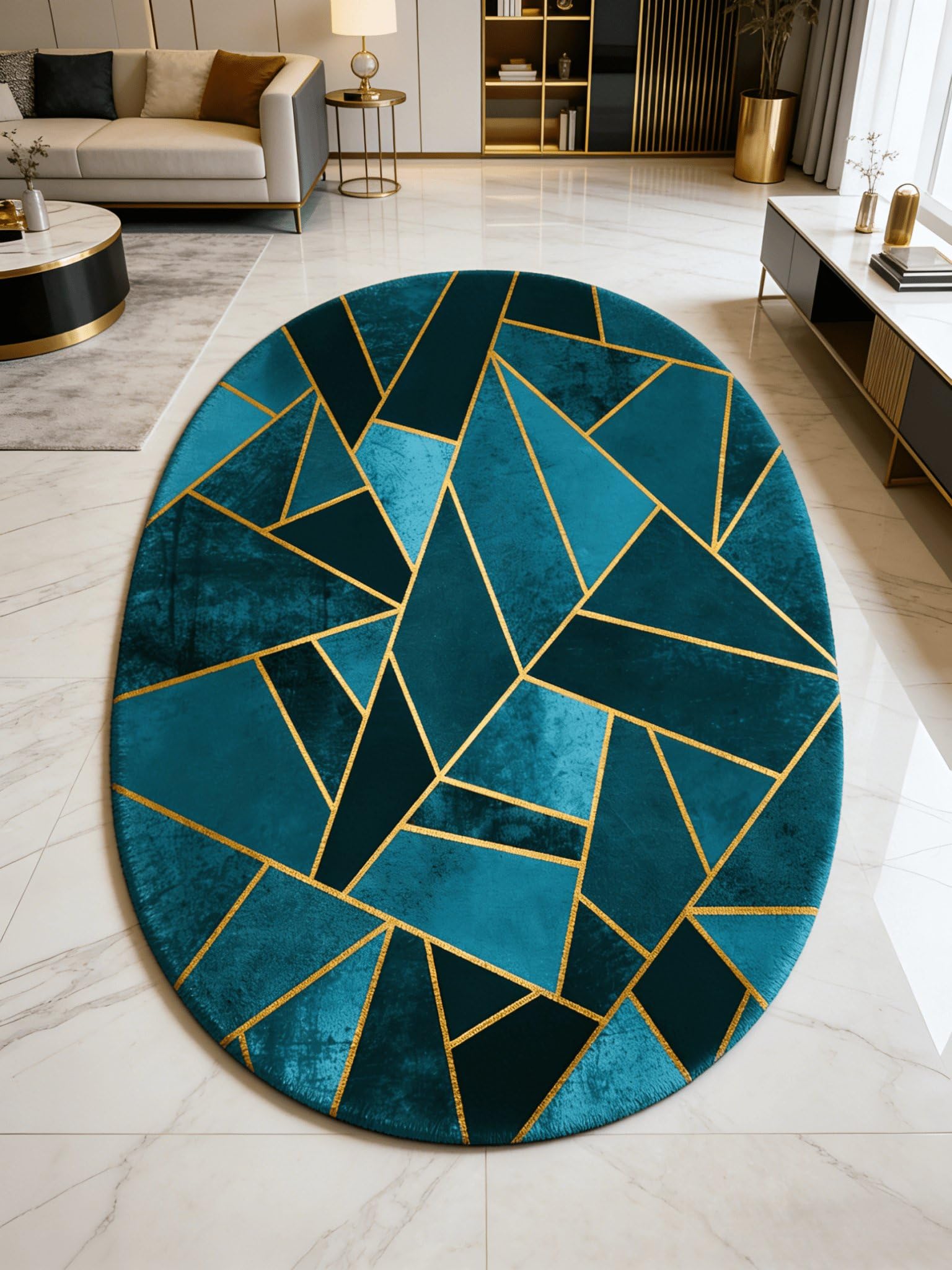 Tapis moderne à poils courts pour salon, chambre à coucher, motif géométrique patchwork en plusieurs couleurs, bleu sarcelle, 100 x 100 cm