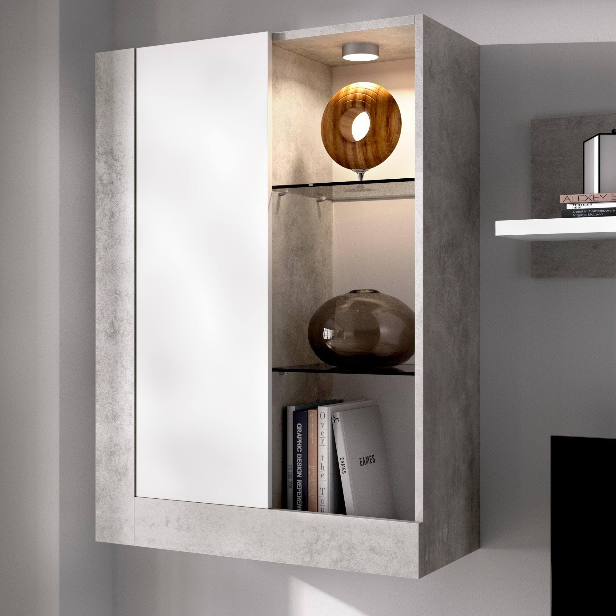 Dmora Parete Attrezzata Beverin 42x265x180h cm Bianco 12 Ripiani Modulabile, Apertura Battente e a Ribalta