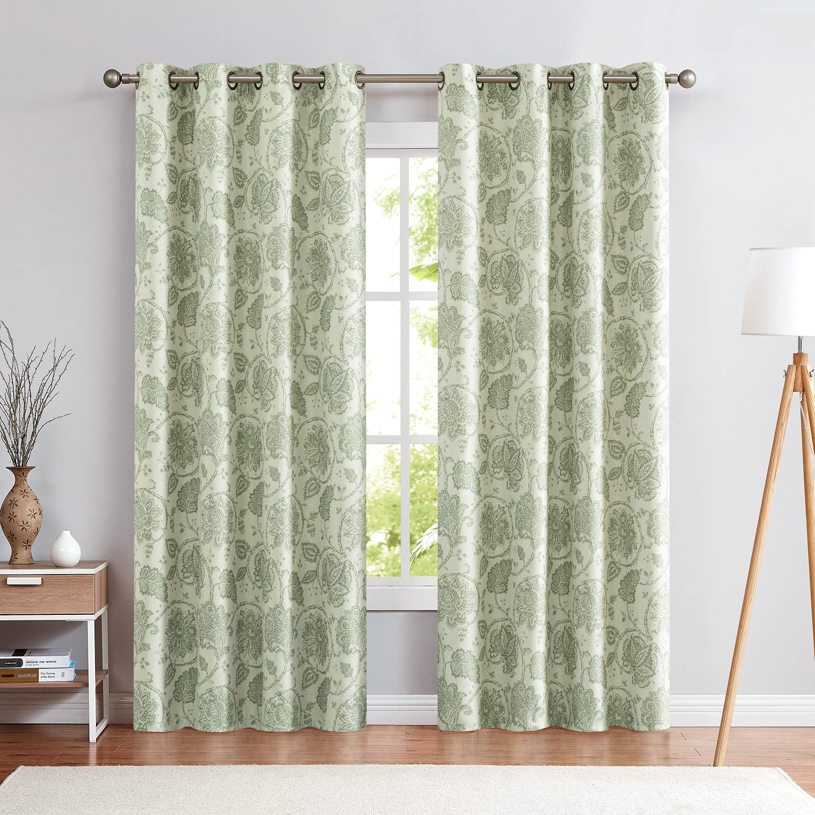 jinchan Room Darkening Curtains for Bedroom, Green Linen Textured Floral Paisley Patterned Curtains 84 Inch Length, Vintage Ikat Drapes for Living Room, Farmhouse Window Treatments, Grommet 2 Panels