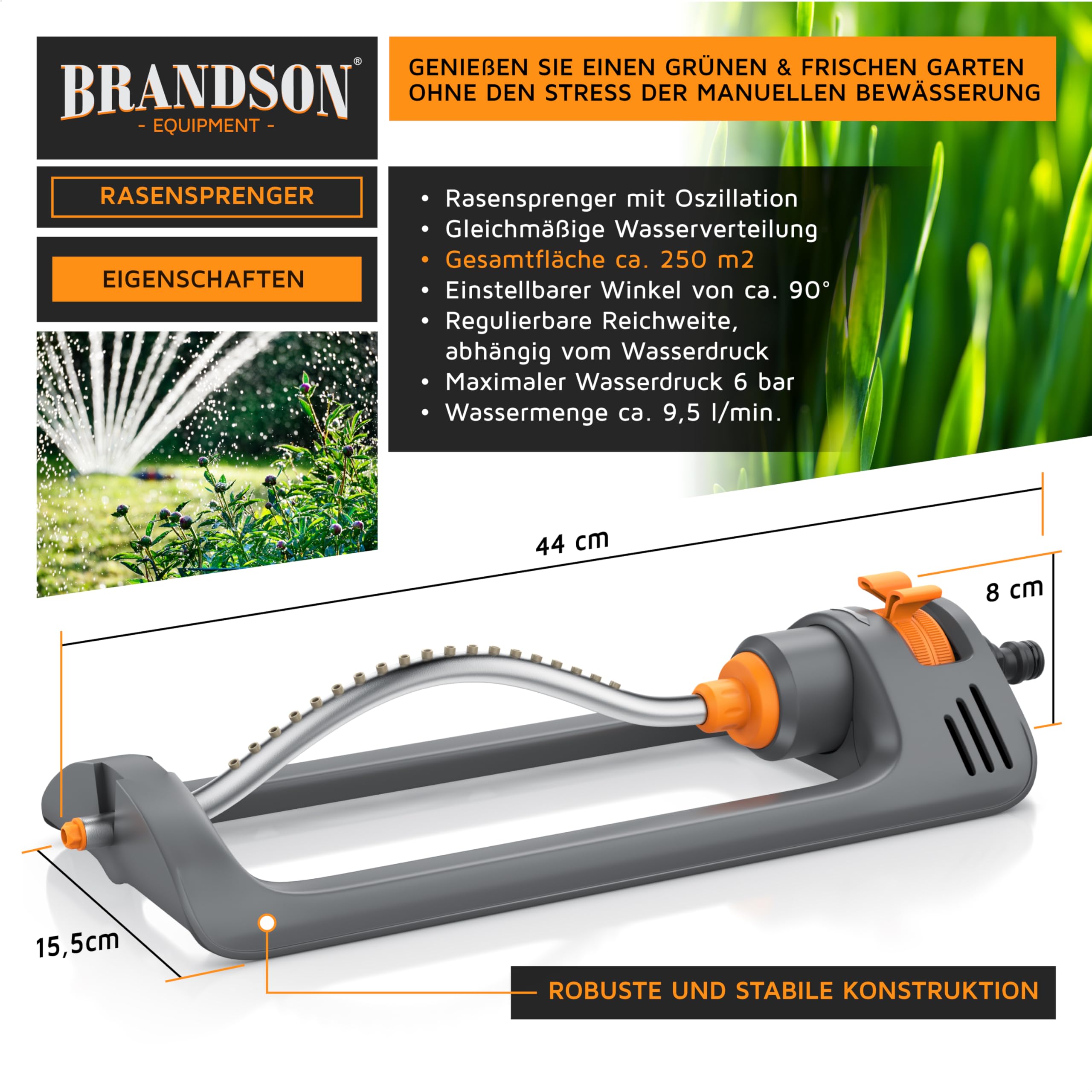 Brandson - Rasensprenger Viereckregner Rasensprinkler 3/4 Zoll - Garten Oszillations Regner – für gleichmäßige Flächenbewässerung – große Flächen bis zu 250 m² - schwarz