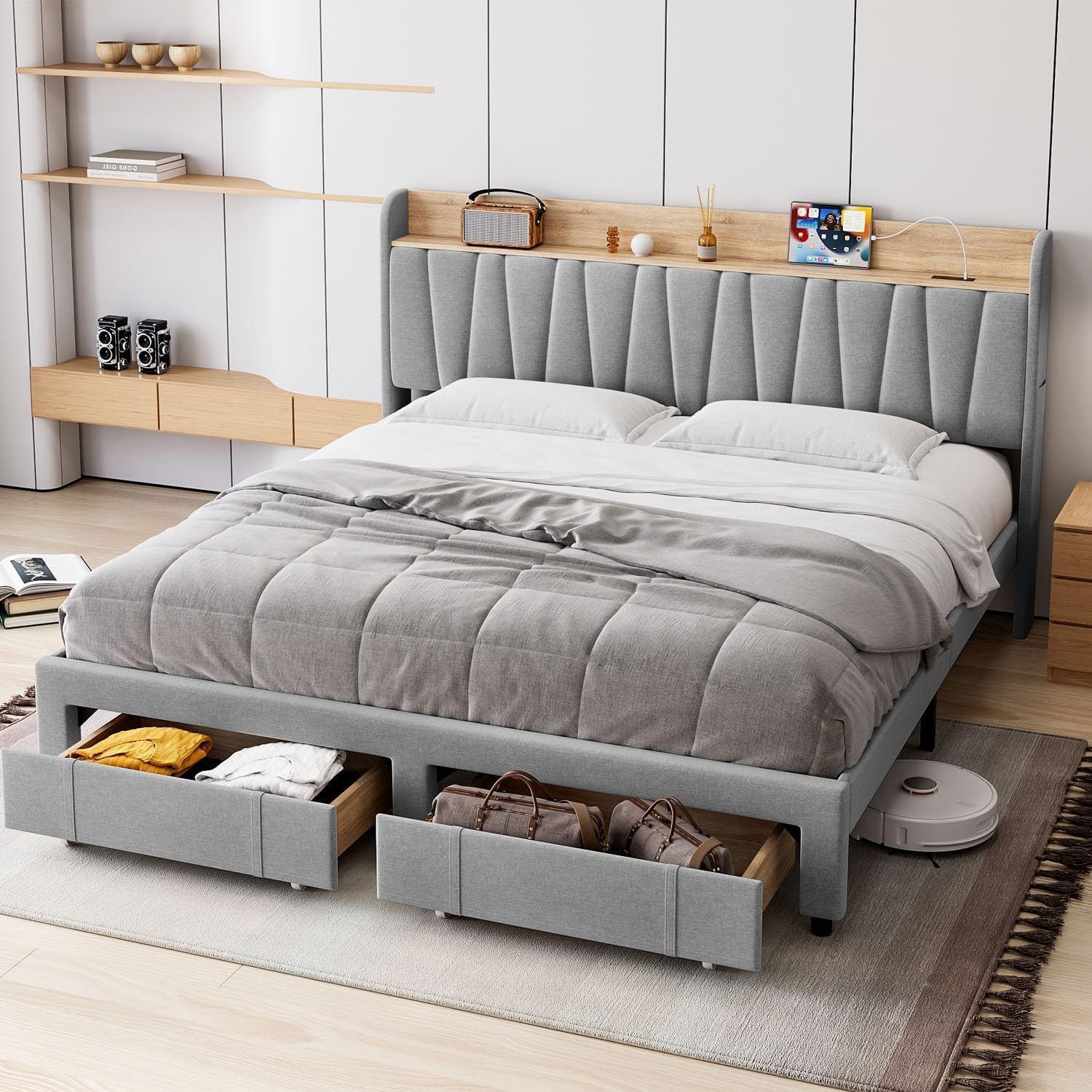 Bed Frame with Storage Headboard and Drawers, Upholstered Platform Beds with Storage, USB and AC Outlets Charging Station, Noise-Free, No Box Spring Needed, Easy Assembly Grey King (U.S. Standard)