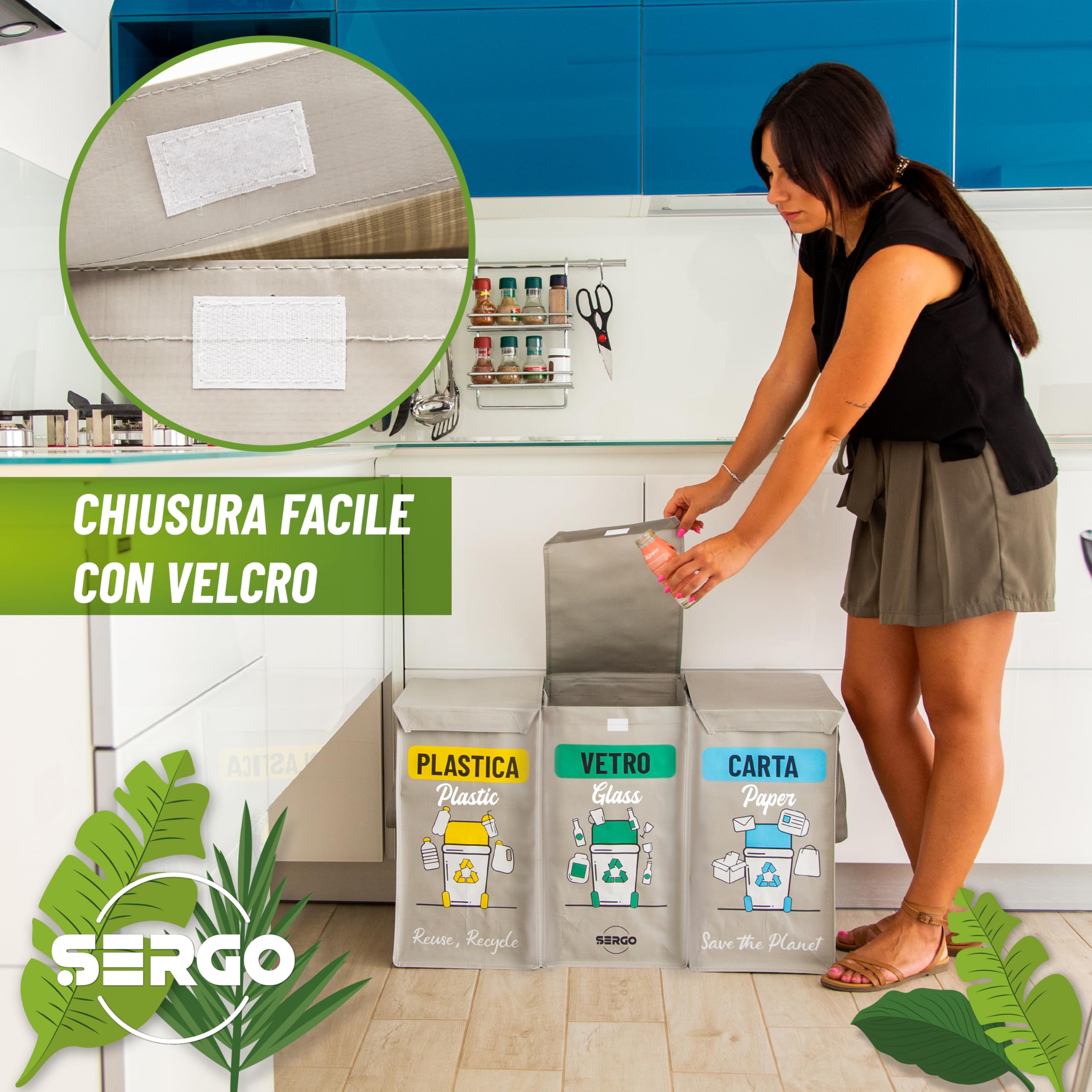 SERGO Borse Raccolta Differenziata con Coperchio - Contenitori Differenziata Interno e Esterno per Plastica, Carta e Vetro - Pattumiera differenziata 3 scomparti color Grigio chiaro