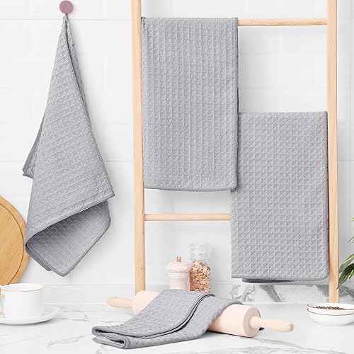 Miniatura 5 de Homaxy Toallas de cocina de microfibra con tejido de gofre, 16 x 28 pulgadas, ultra absorbentes y de color sólido, paquete de 4, gris