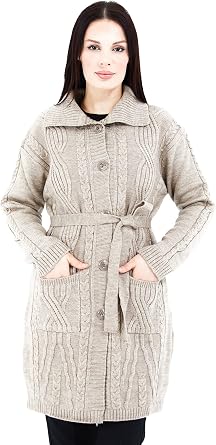 Womens Long Button Pocket Belted Collar Wool Cardigan Mother Cardigan