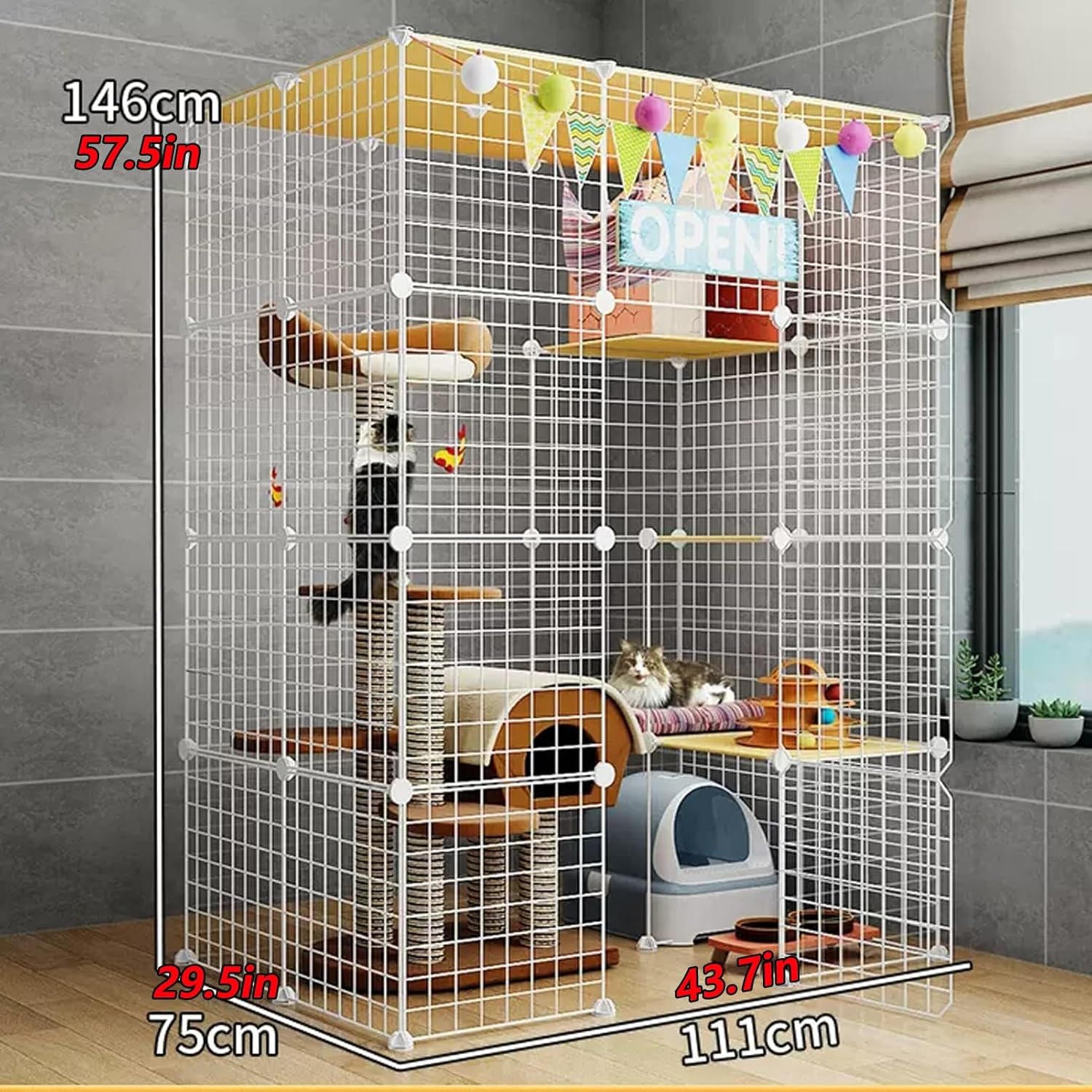 Large Cat Playpen - 2/3 Tier Cat Cage, DIY Metal Wire Enclosure, Easy to Clean Pet Kennel, Spacious Exercise Area for Cats (White, 44x30x58/111x75x146cm)