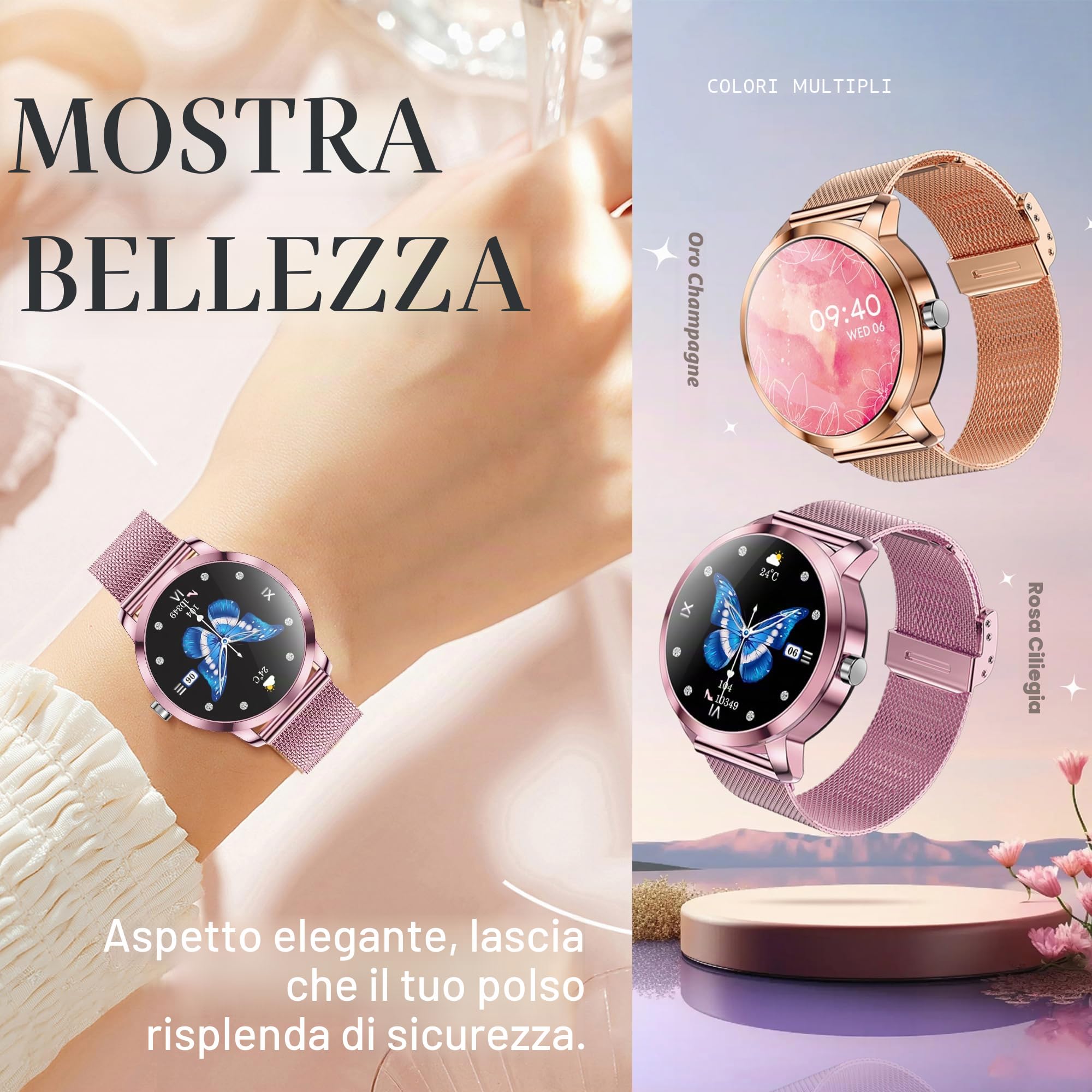 1,09" Smartwatch Donna Chiamate e Risposta Bluetooth, 3 Bracciali, 123 Sport Smartwatch Cardiofrequenzimetro Pressione Sanguigna Monitoraggio del Sonno Orologio Fitness per Android iOS (Rosa)