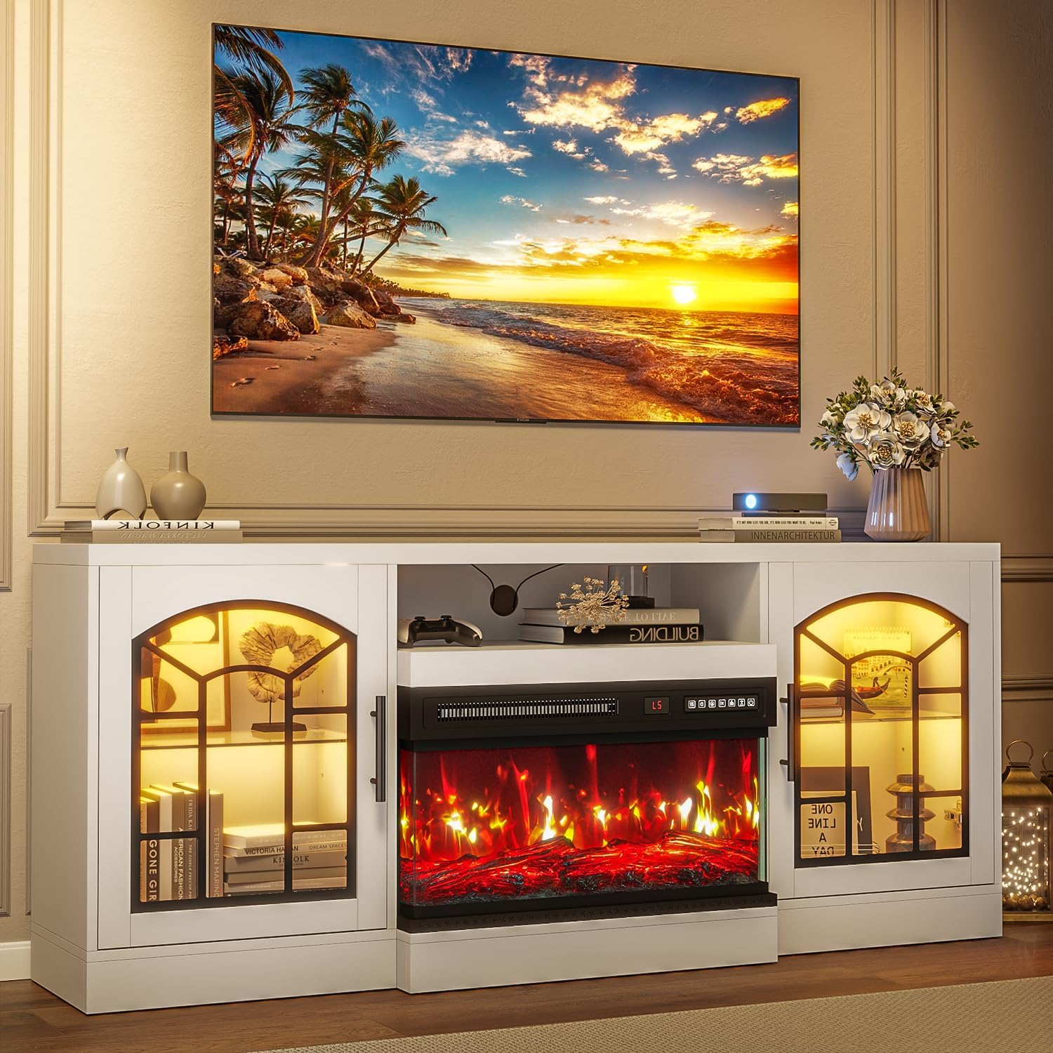60" Fireplace TV Stand, TV Stand with 3-Sided Glass Electric Fireplace, White Entertainment Center Console with Storage Cabinets for TVs up to 70", 24" Fire Place Modern TV Stands for Living Room