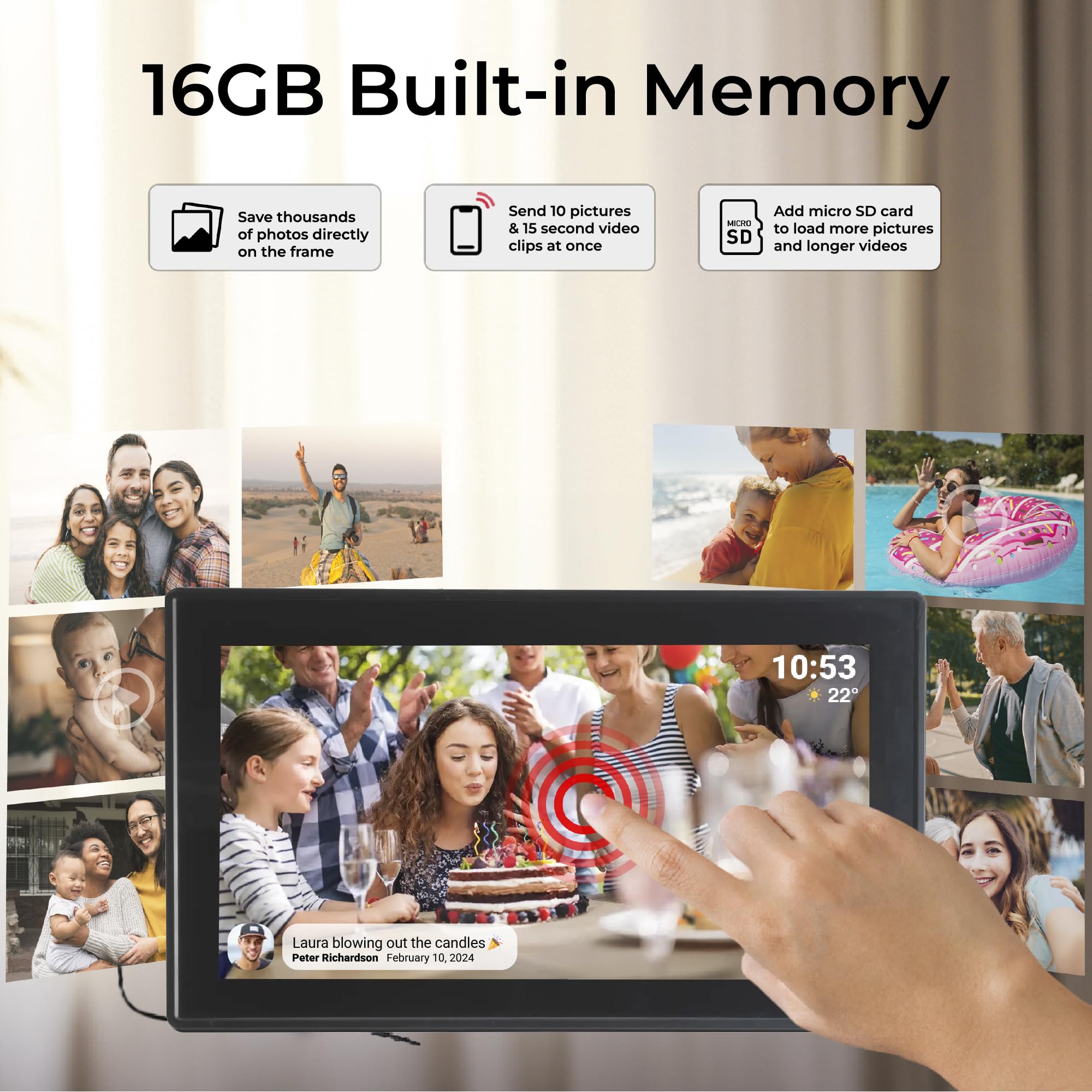 Denver PFF-1515B cyfrowa ramka na zdjęcia Wi-Fi – ekran dotykowy Full HD IPS 15,6", zintegrowane oprogramowanie FRAMEO, bezprzewodowe udostępnianie, automatyczne wyłączanie nocne, pamięć 16 GB, czarna