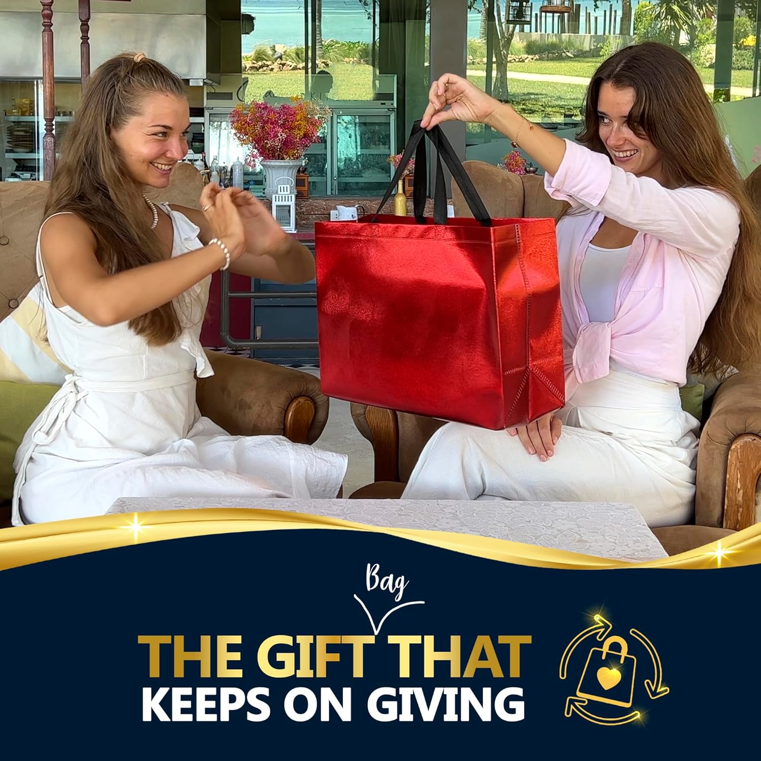 Nush Nush Extra Large Red Gift Bags - Set of 12 Reusable Shiny Red Extra Large Gift Bags with Handles - Party Favor Bag for Valentine's Day Gifts, Birthdays, Bachelorette, Holidays - 15.5W x 6D x 12H - Image 2