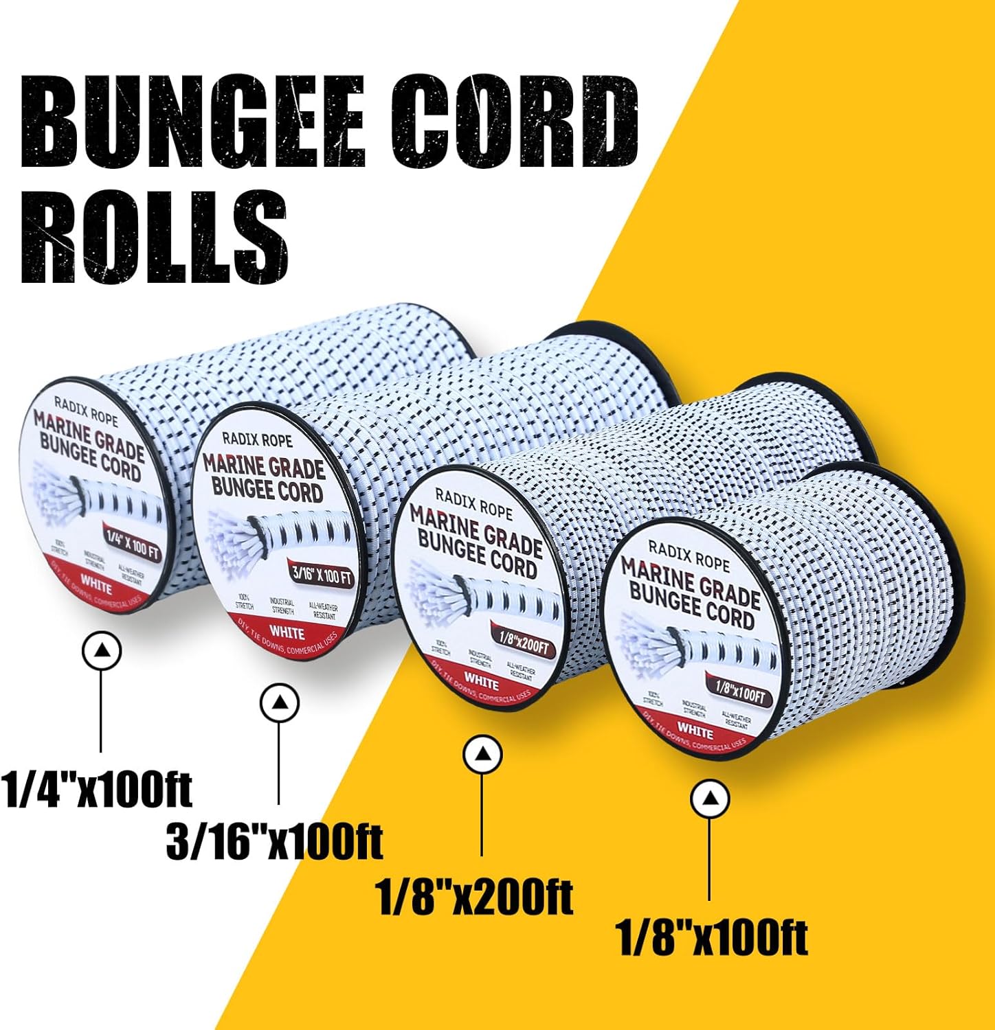 Bungee Cord - 3/16 Inch x 100 Feet - Elastic Shock Cord, Stretch Rope for Kayak, Crafts, Tie-Downs, DIY Projects - Flexible, High-Strength Bungee Rope (White with Black Trace)