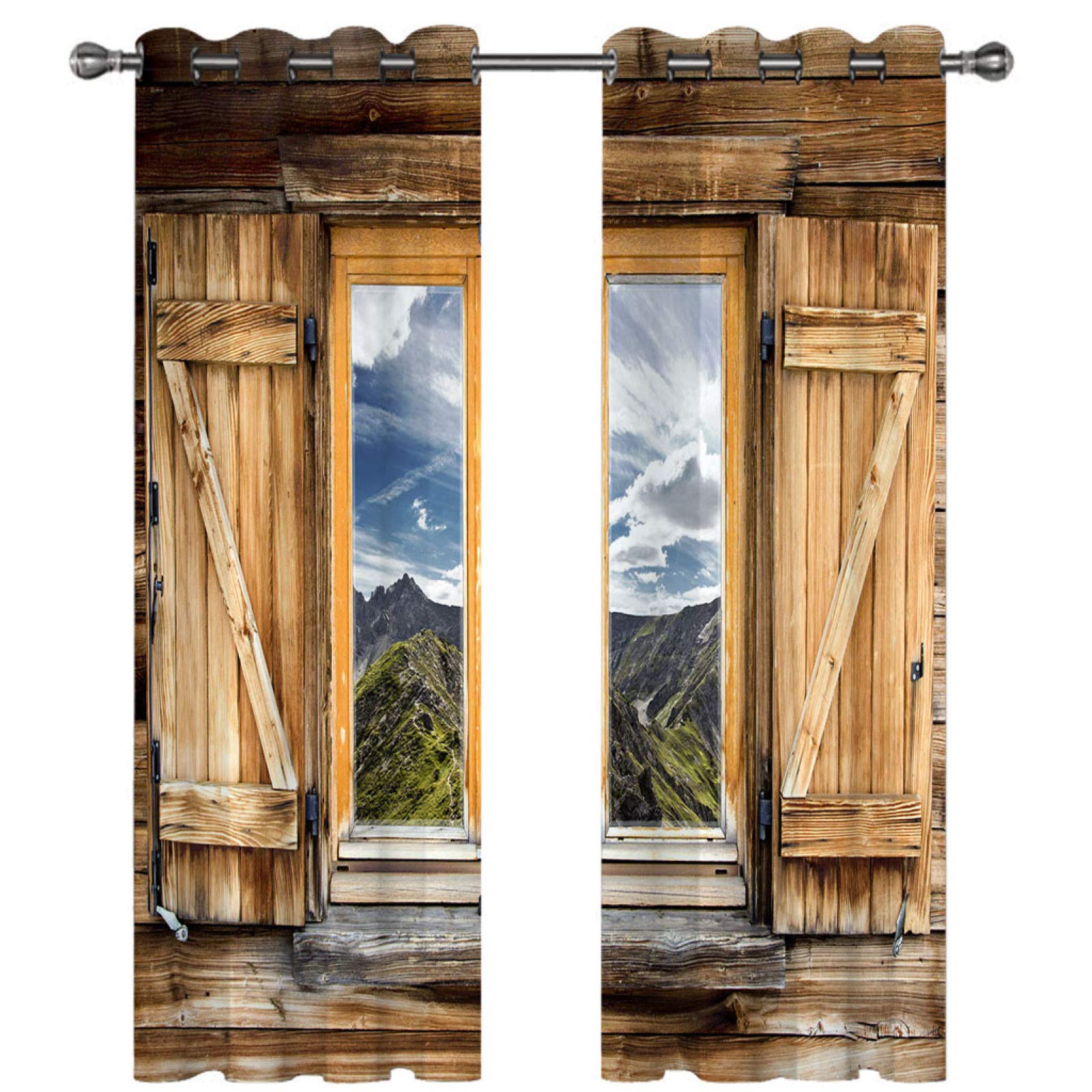 Cortinas Habitacion Juvenil Opacas 2 Piezas 3D Ventana De Madera Paisaje Alpino Patrón Cortinas Salon Dormitorio Modernas para Ventanas Decoración para Hogar 264X240Cm Termicas Aislantes con