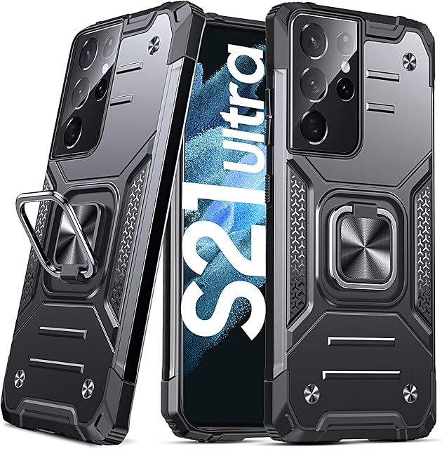 DASFOND Galaxy S21 Ultra 5G Case, Military Grade Shockproof Protective Phone Case Cover with Enhanced Metal Ring Kickstand [Support Magnet Mount] Compatible with Samsung Galaxy S21 Ultra, Black