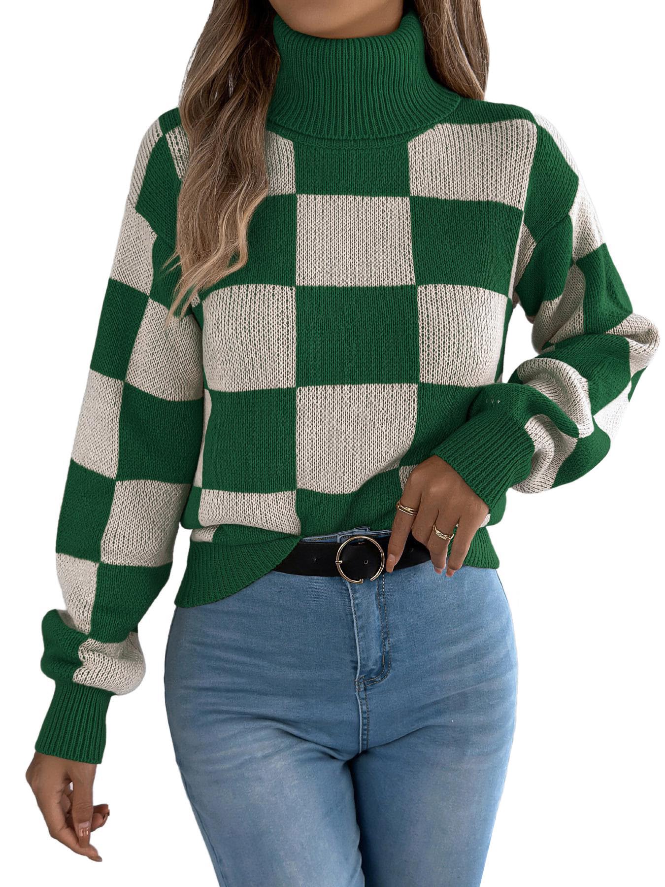 Wellwits Womens Turtle Neck Color Block Checkered Lantern Sleeve Winter Sweater
