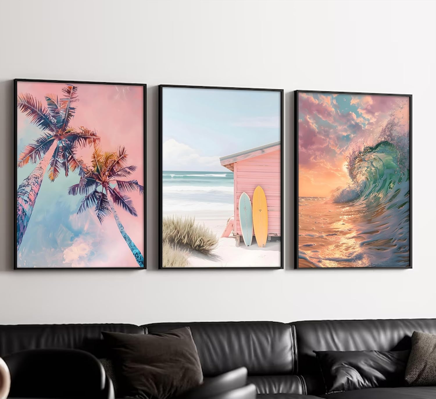 3Pcs Coastal Summer Surf Canvas Wall Art Preppy Aesthetic Tropical Beach Painting Picture Wall Decor Palm Trees Surfboard Waves Poster Print Artwork for Bathroom Bedroom Living Room Home Decoration【UNFRAMED】