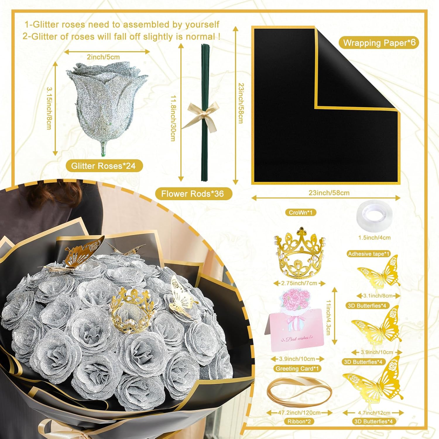 CCYXSHOW Glitter Roses Bouquet 24 Pack DIY Glitter Flowers Bouquet Kit, Fake Shiny Artificial Rose Bouquet with Crown 3D Butterfly Anniversary Birthday Wedding Gifts for Her (Silver)