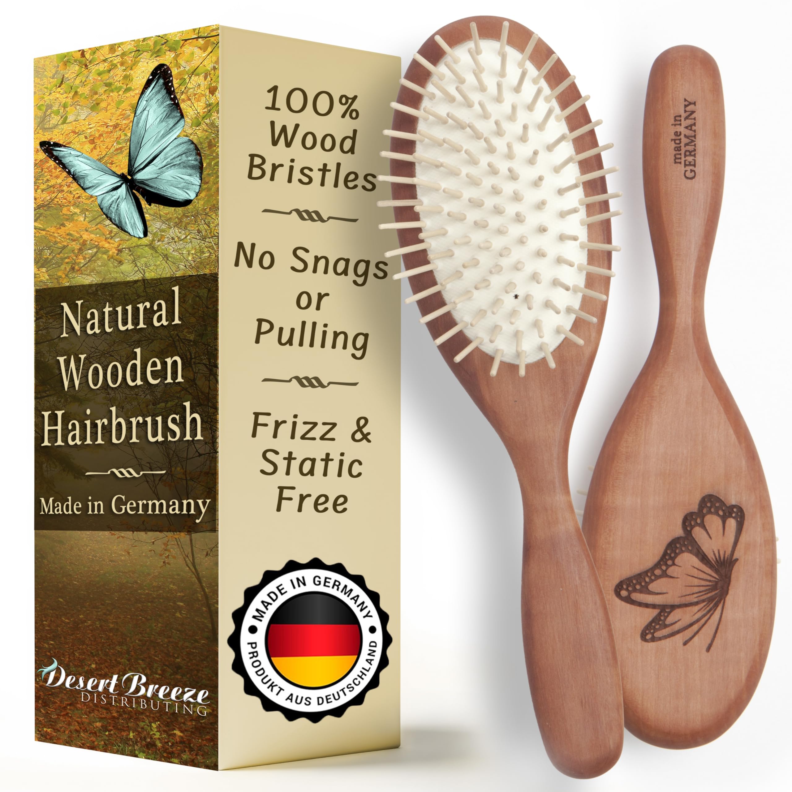 Natural Wooden Hair Brush for Women – Anti Breakage Wood Bristle Brush with Pear Wood Handle, Gentle Scalp Massage, Anti-Static, Made in Germany – Best Rated for All Hair Types