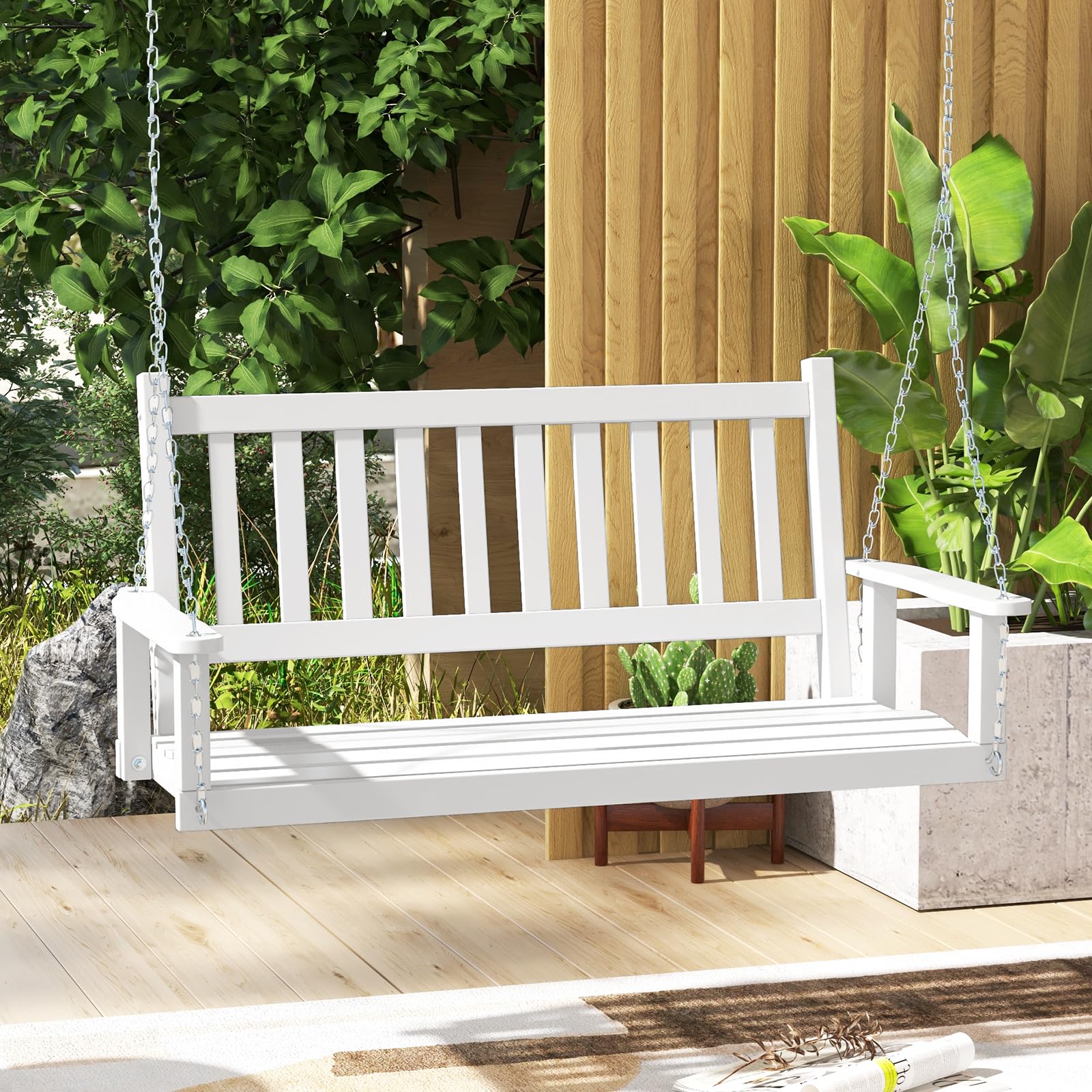 GIANTEX Altalena sospesa in legno per 2/3 persone con catene in metallo zincato regolabili e resistenti, con schienale a doghe e seduta per patio giardino (136 x 67 x 63 cm, bianco)