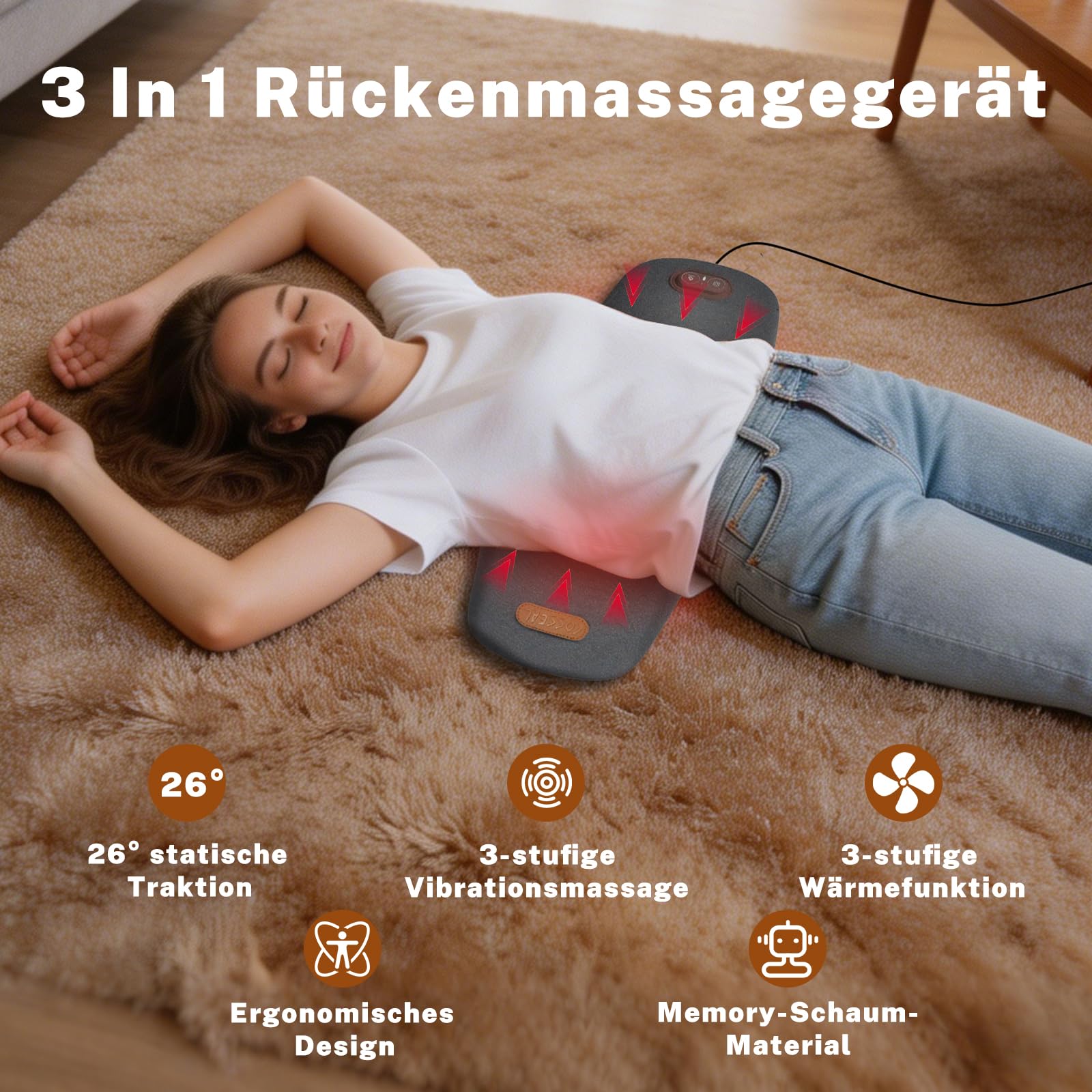 3 In 1 Rückenmassagegerät, Elektrisches Lendenkissen mit Wärme & Vibrationsmassage, Ergonomische RüCkenstüTze, MassagegeräT RüCken, Electric Lendenwirbel-Massagegerät Massagegerät Rücken with Traction