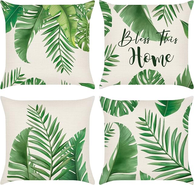 Bonhause Spring Leaves Cushion Covers 45cm x 45cm Set of 4 Green Leaf Decorative Throw Pillow Covers Polyester Linen Pillowcases for Sofa Couch Indoor Outdoor Decor