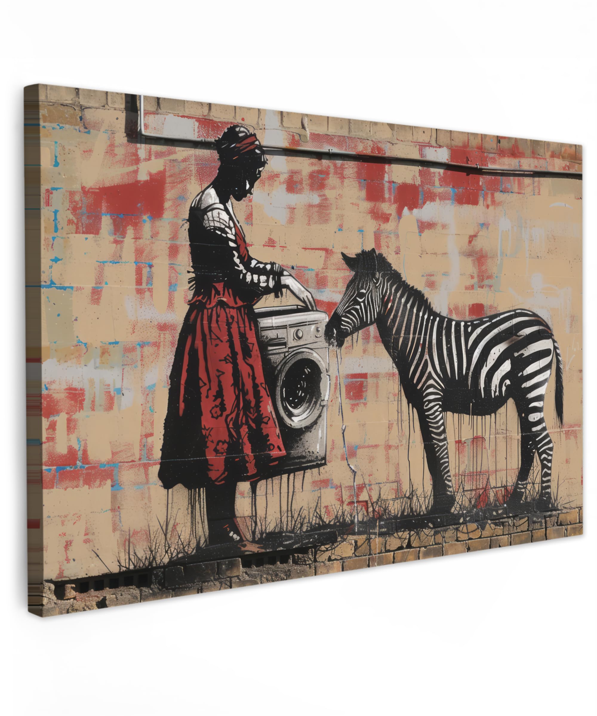 MuchoWow© Canvas Wall Art Work 35"x24" / 90x60 cm Room Decor Painting Wallfillers Picture Decoration Prints Street art - Zebra - Woman - Animals - Graffiti - Banksy — image 1