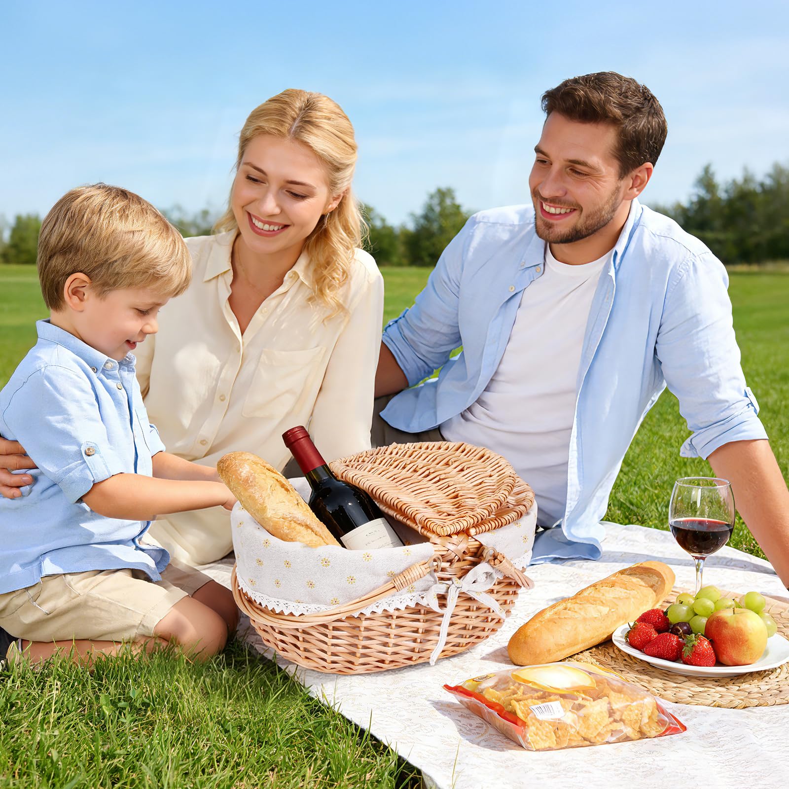 Wicker Picnic Basket Cesto Picnic in Vimini Fatto a Mano, Grande Cesto Portaoggetti con Doppio Coperchio Ribaltabile & Manico Pieghevole per Picnic all’Aperto, Spiaggia,Deposito Hiking, BBQ
