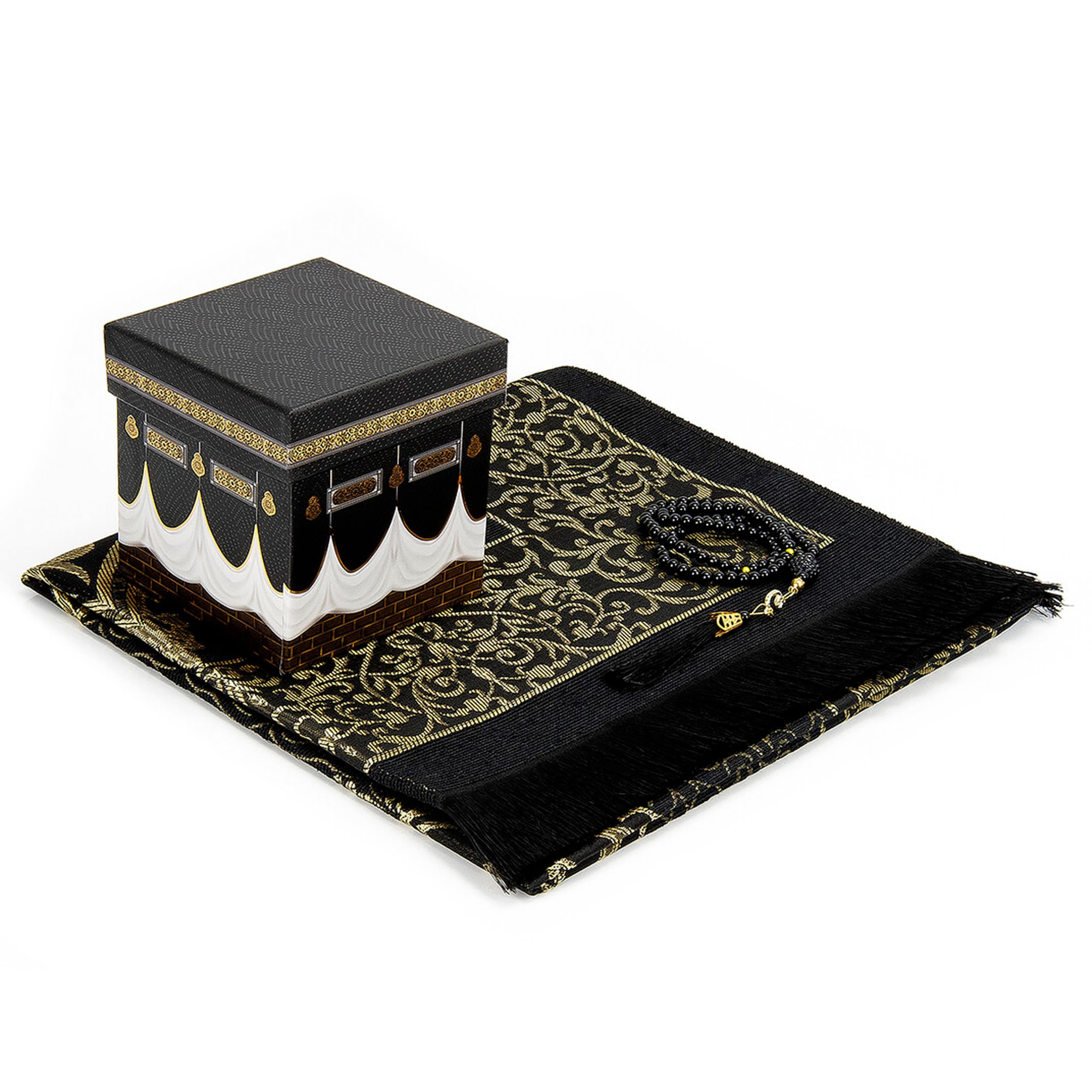 CARPETIA Ensemble de tapis de prière doré avec boîte cadeau carrée et cadeau islamique Tesbih 99 pour homme et femme pliable facile d'entretien pour voyage, mosquée maison 65 x 110 cm