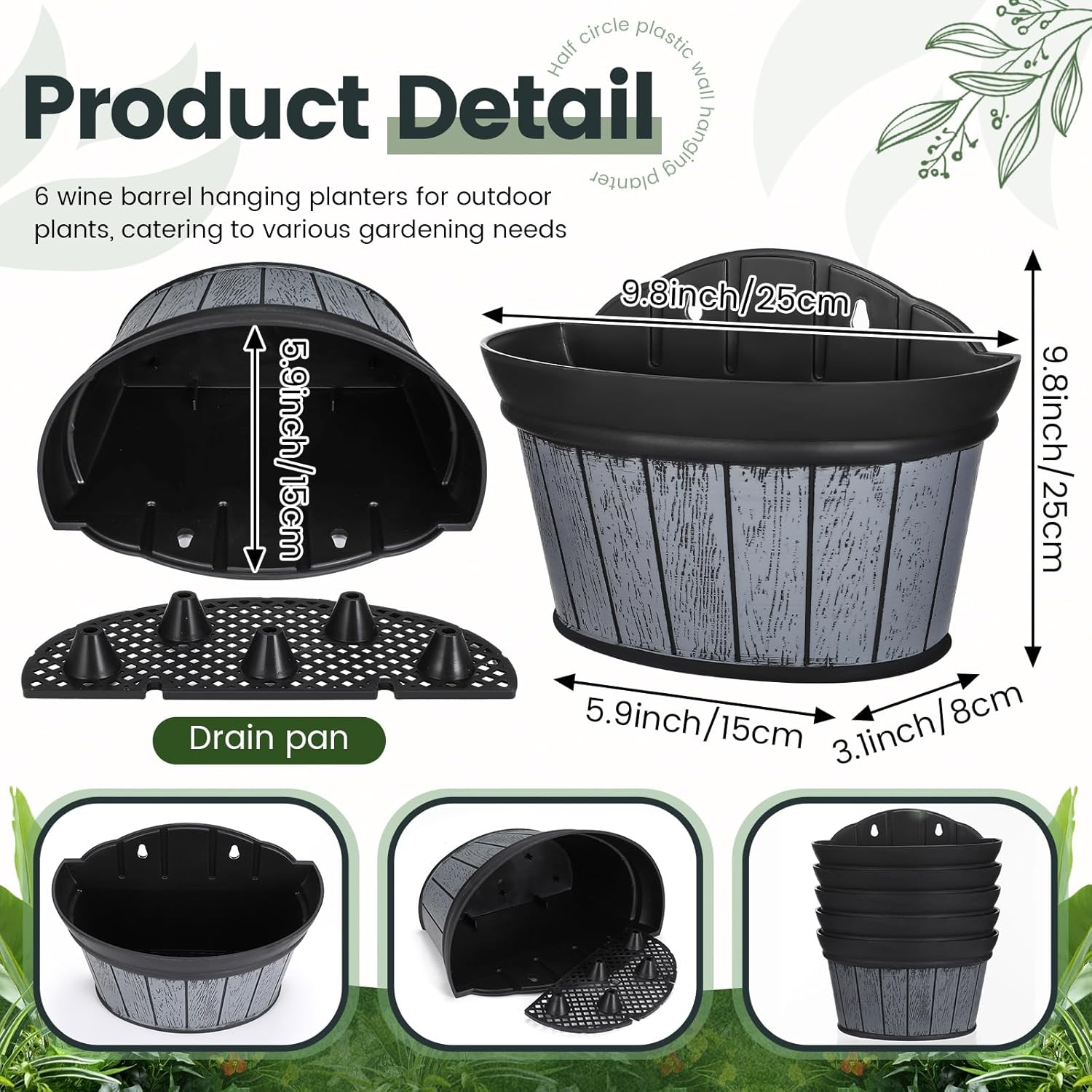Layhit 6 Pcs Wall Hanging Planters Outdoor Pot Planter Wine Barrel Planter Distressed Oak Thickened Plastic Water Storage Flower Pots for Flower Indoor Outdoor(10 Inches,Black)