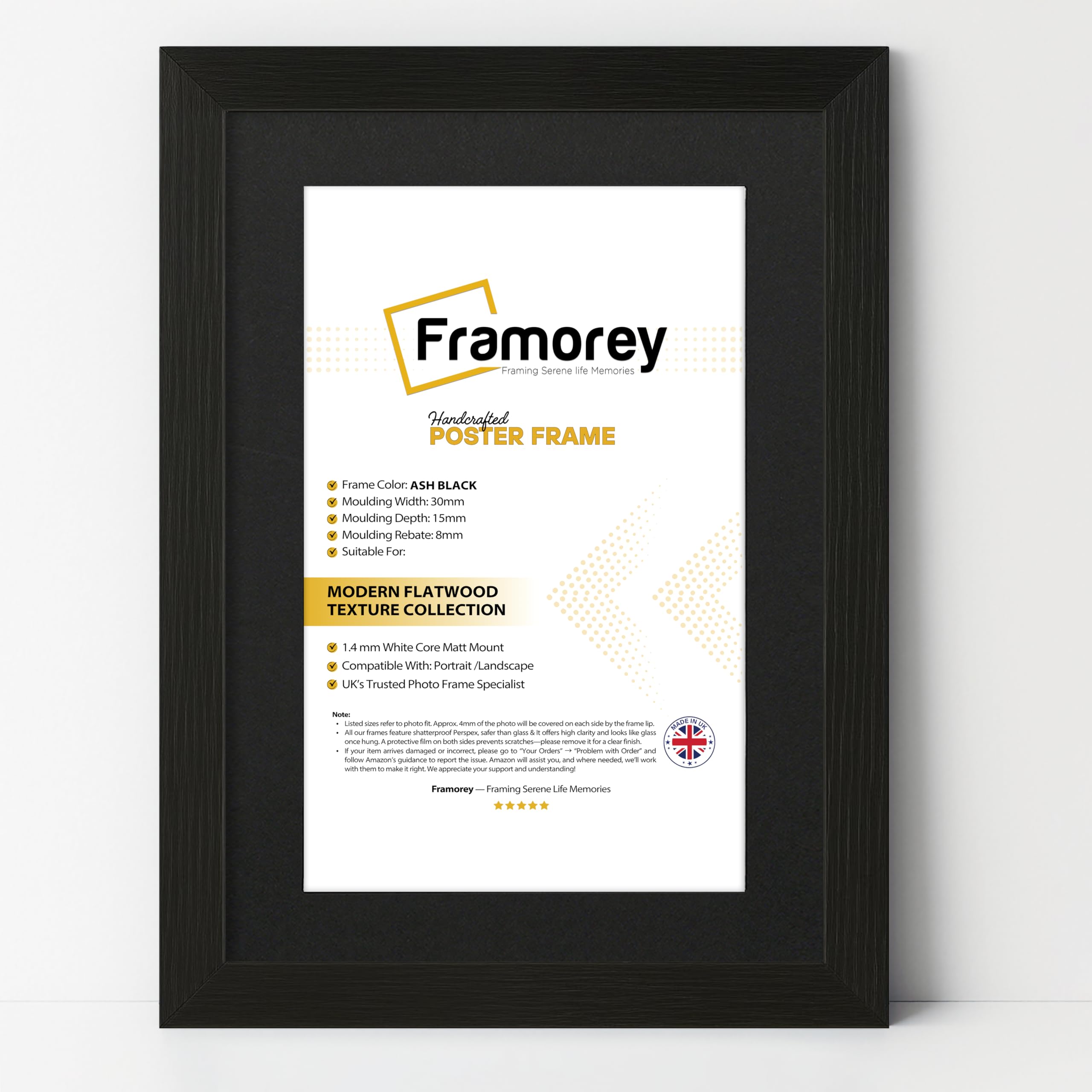 Framorey Framing Serene Life Memories Ash Black With Black Mount Framorey Oxford Flat Wooden Effect Picture Frame, Ash Black 28X20 Size Photo Frame With 24X16 Black Mount, Handmade Wall Art Poster Frame, Best Living Room Photo Frames