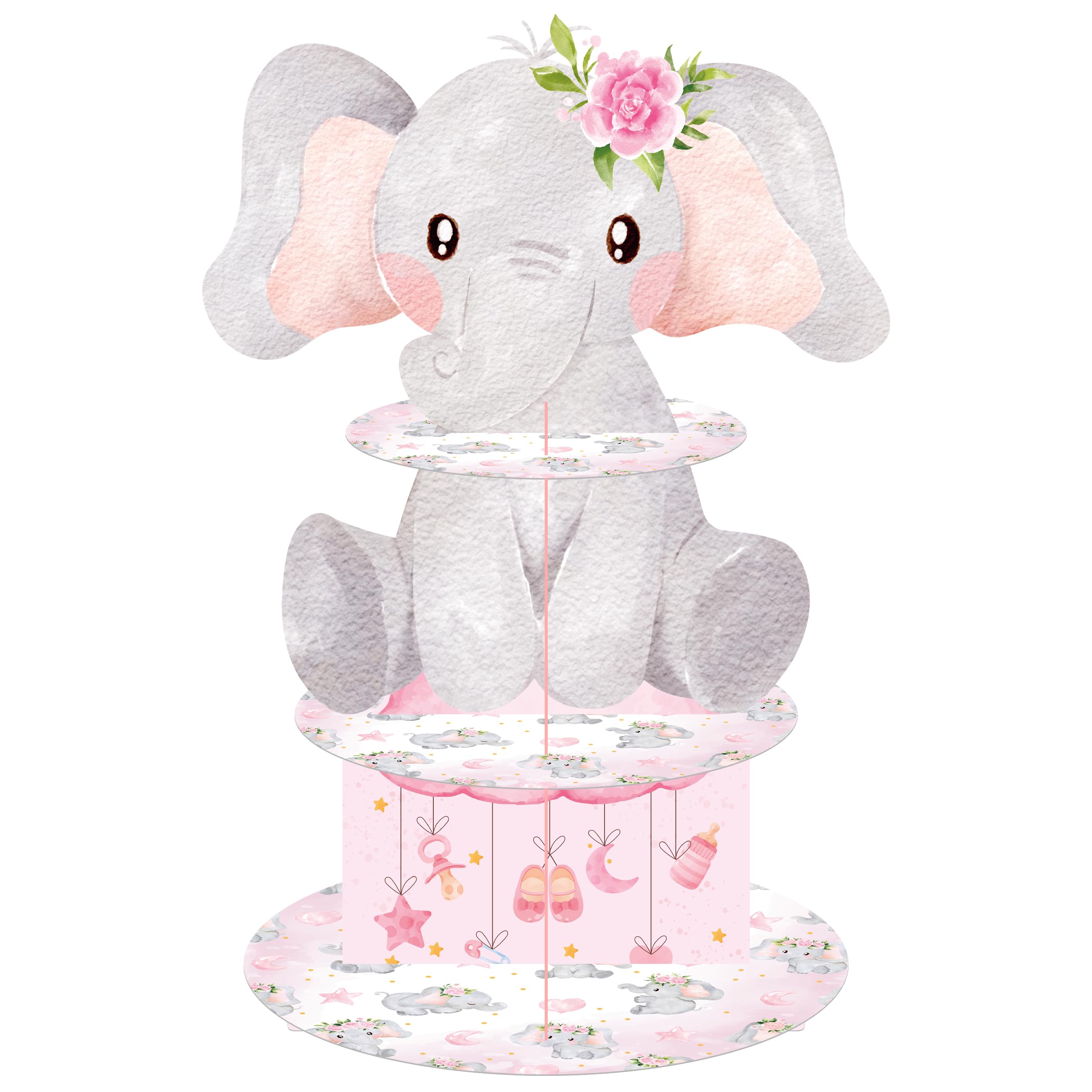 Elephant Cupcake Stand 3-Tier Pink Elephant Cake Cupcake Holder Elephant Baby Shower Decoration for Girls Elephant Theme Birthday Party Baby Shower Party Supplies