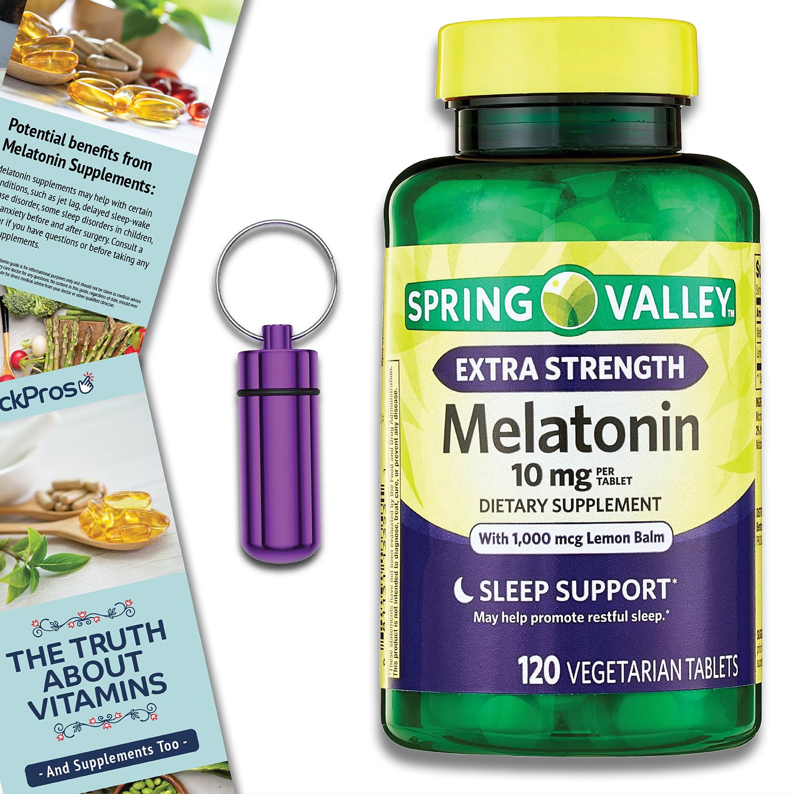 Spring Valley Extra Strength Melatonin Tablets Dietary Supplement, 10 mg, 120 Count Bundle - Includes Vitamin Guide and Pill Container (3 Items)!