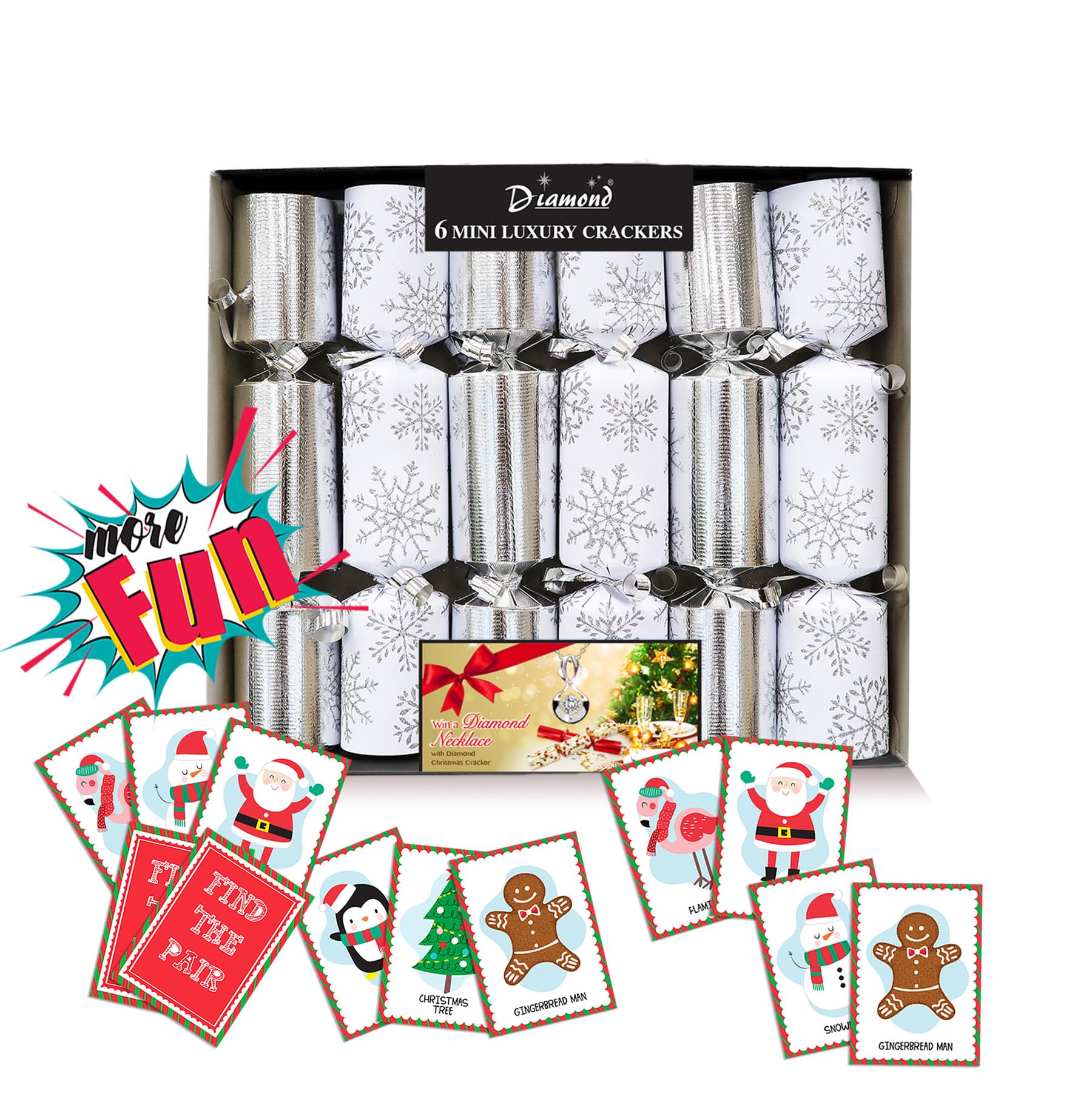 Mini Lux Christmas Crackers Pack 6 x 8” Snowflakes w/Luxury contents + 'Find the Pair' card game