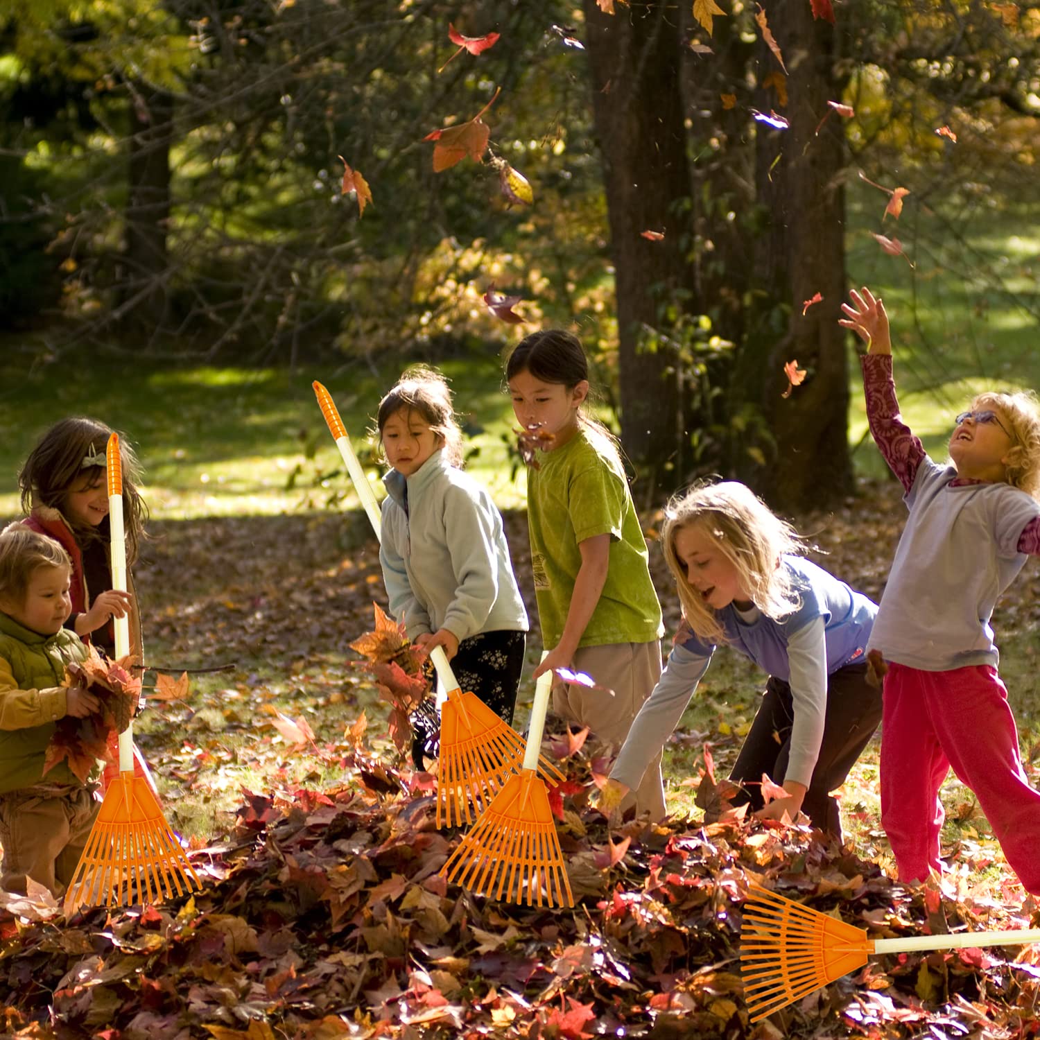 4 rastrillos para niños, rastrillos de plástico de 31 pulgadas para hojas con mango de madera, grandes herramientas de jardinería, regalos para niños y niñas de 3 años en adelante 3