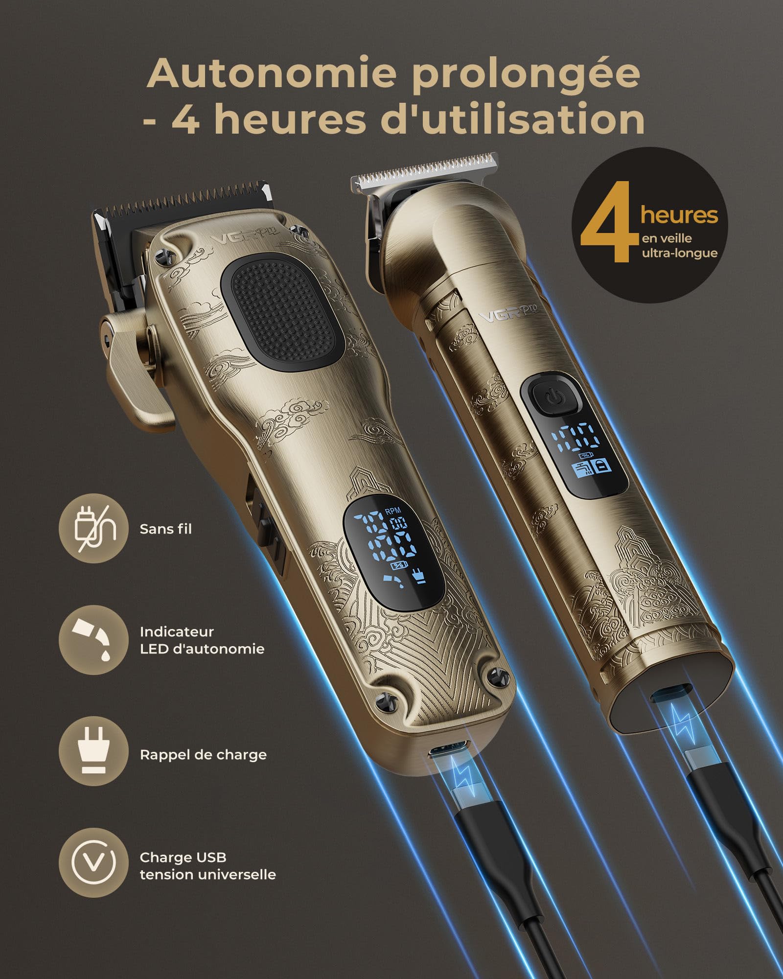 VGRPRO Tondeuse Cheveux Hommes Professionnelle, Tondeuse Cheveux Sans Fil pour Coupe de Cheveux, Kit Tondeuse et T-lames Trimmer Homme, Tondeuse Électrique pour Homme avec Boîte d'Emballage(Gloden)