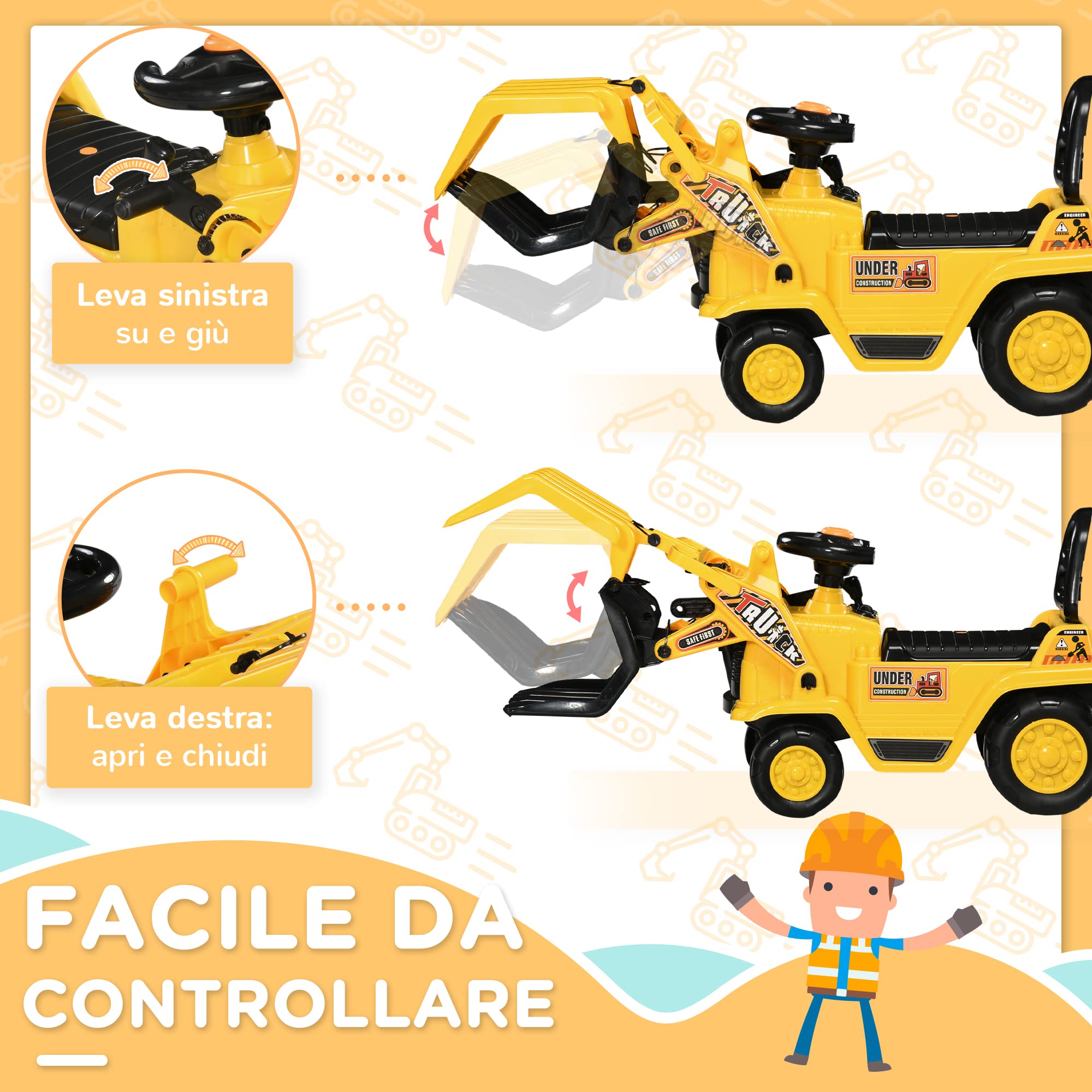 HOMCOM Escavatore per Bambini 2-4 Anni Manuale con Pinza, Pulsante per Suoni e Spazio Portaoggetti Nascosto, in PP e ABS, 83x27x39 cm, Giallo e Nero