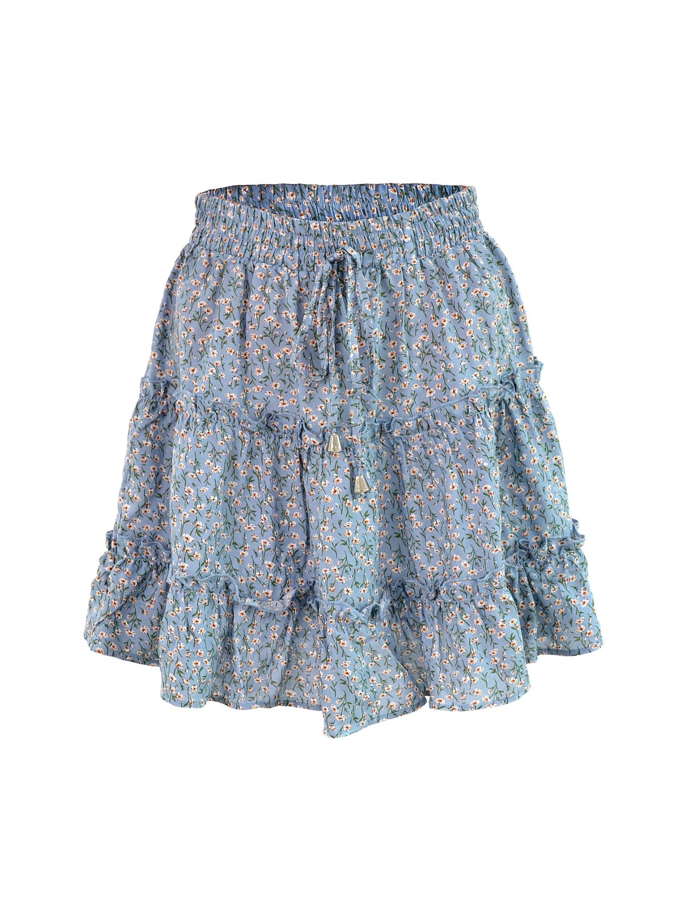 Arjungo Women's Floral Print High Waist with Drawstring Ruffle Flared Boho A Line Skater Mini Skirt