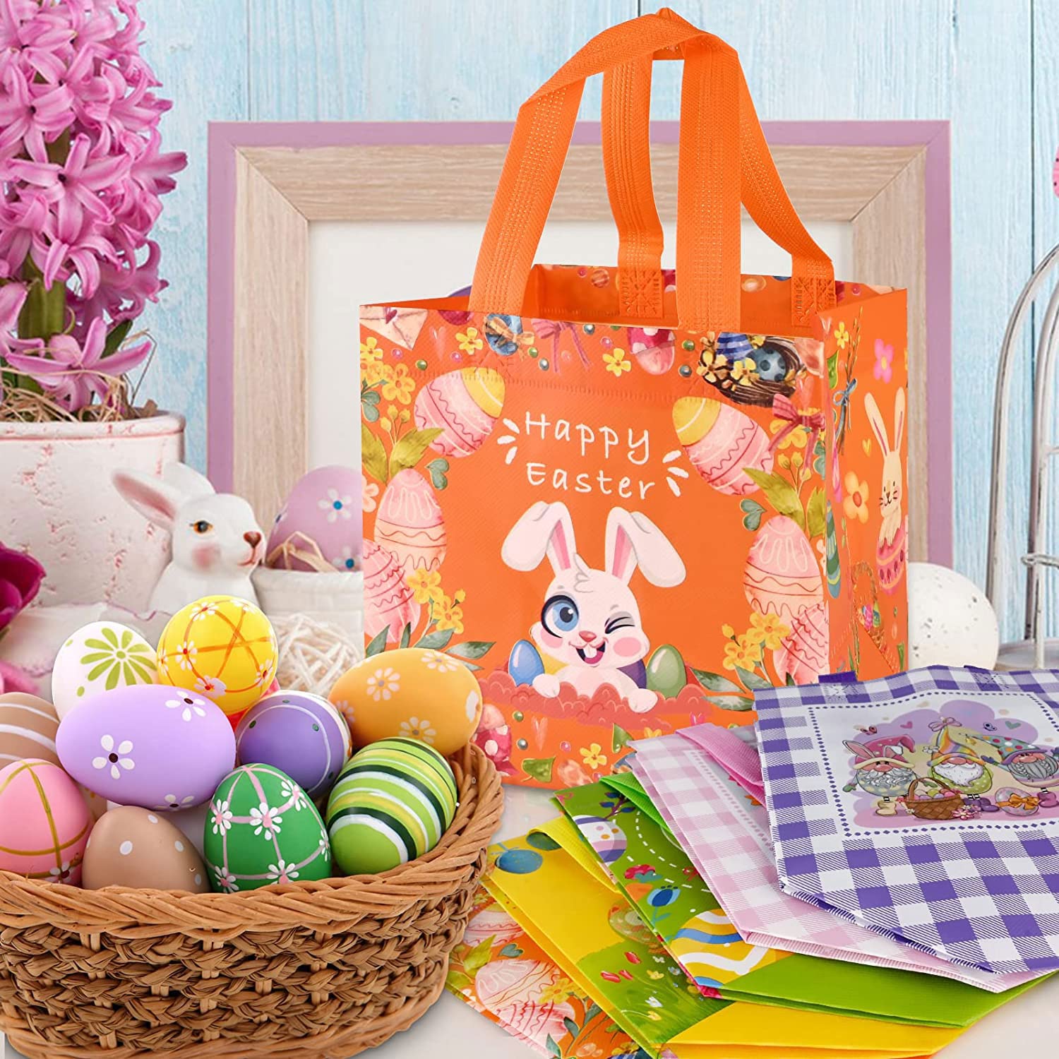 Lot De 12 Sacs Cadeaux Pâques Réutilisables En Non-Tissé - 21x20x15 Cm Avec Poignées
