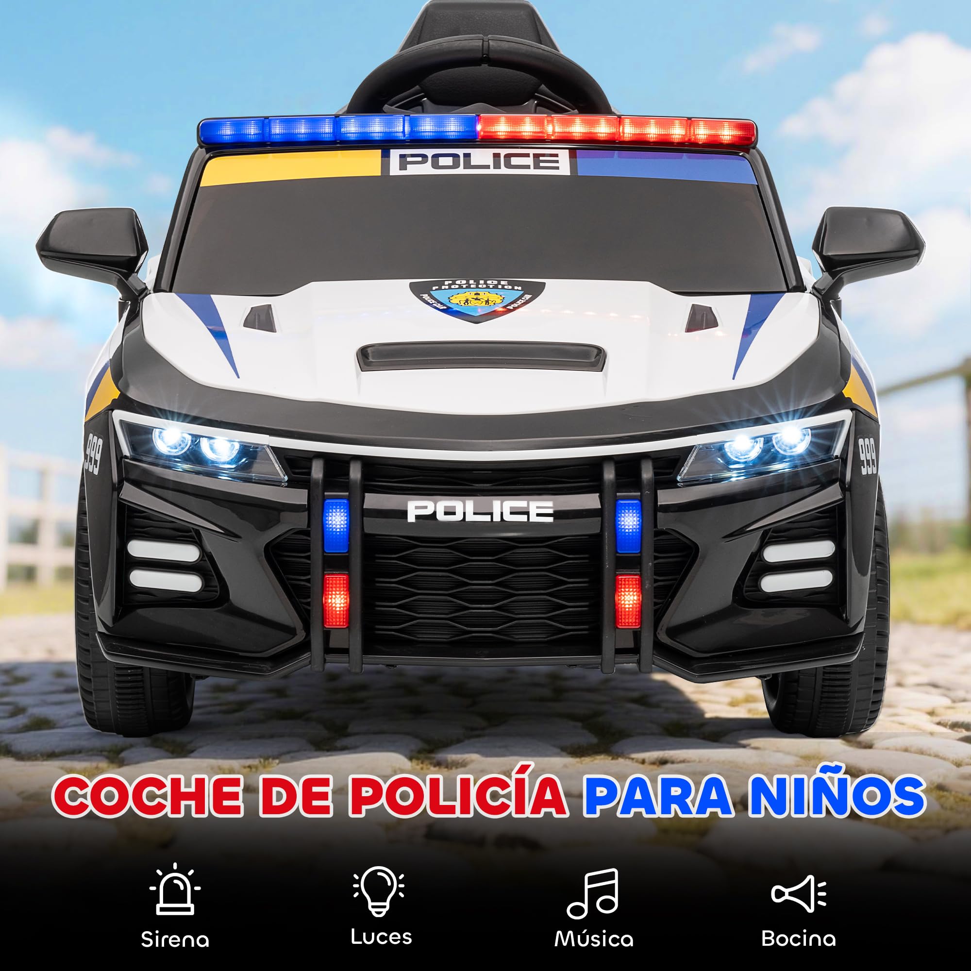 AIYAPLAY Coche Eléctrico Policía 12V para Niños +3 Años con Mando a Distancia 2,4G, Luces, Sirena, Música, USB, Suspensión