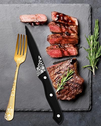 Miniatura 5 de EUIRIO Juego de cubiertos dorados de 36 piezas con cuchillos para carne, juego de cubiertos dorados para 6, juego de cubiertos de espejo de acero