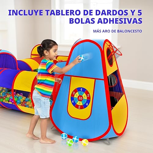 Miniatura 4 de Playz 5 piezas de tiendas de campaña infantiles y túneles - Piscina de pelotas para niños pequeños, canasta de baloncesto, tubos para gatear, casas