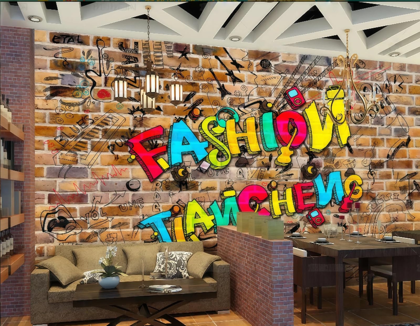 Rskjdghshd 3D Wallpaper Retro Brick Wall Colorful Graffiti Letters Music Bar Theme Drink Shop Western Restaurant Background Wall Mural Afternoon Tea Coffee Shop Wallpaper,,250X175cm