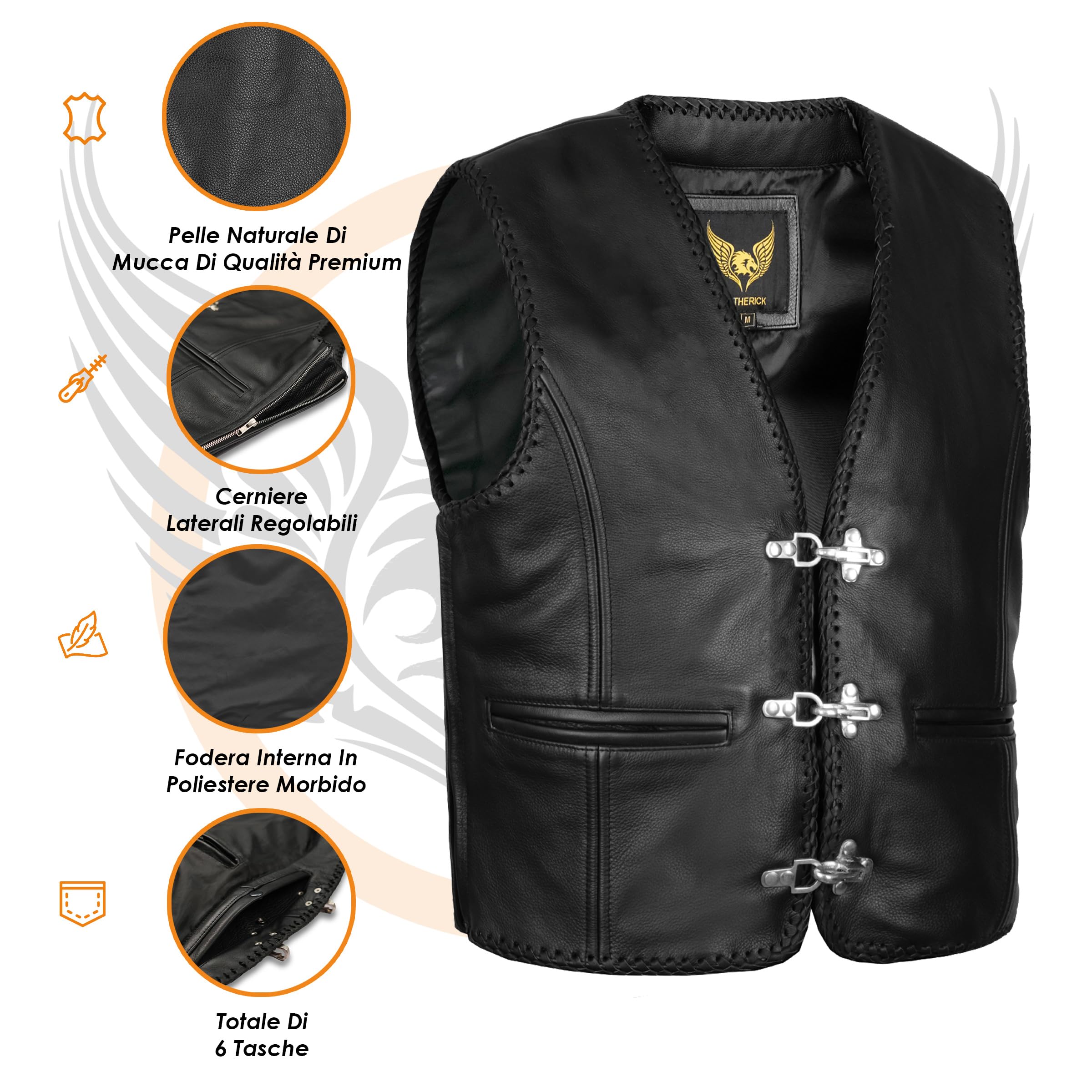 Leatherick Gilet da Motociclista in vera Pelle nera da Uomo - Design Classico Intrecciato, Lacci Laterali e Cerniera Gilet da Motociclista da Uomo con Fibbie a Gancio da Pesca