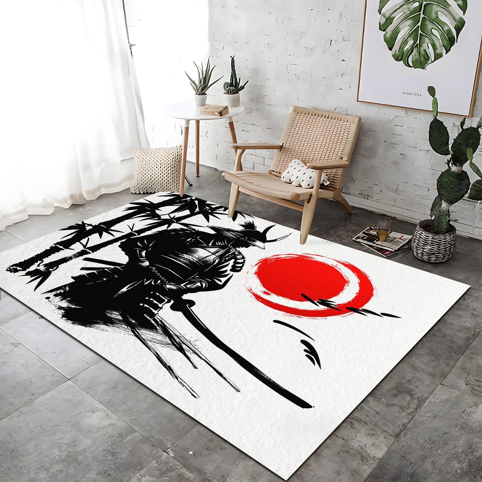 Tapis de Salon 80x150 cm Peinture L'Encre Samouraï Japonais, Tapis Lavable en Machine et Antidérapant - Moquette à Poil Ras Doux pour Chambre et Bureau - Blanc
