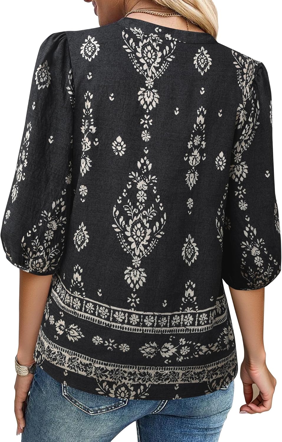 Gaharu Womens Summer Tops 3/4 Puff Sleeve V-Neck Dressy Casual Blouses Boho Floral Shirts - Image 5