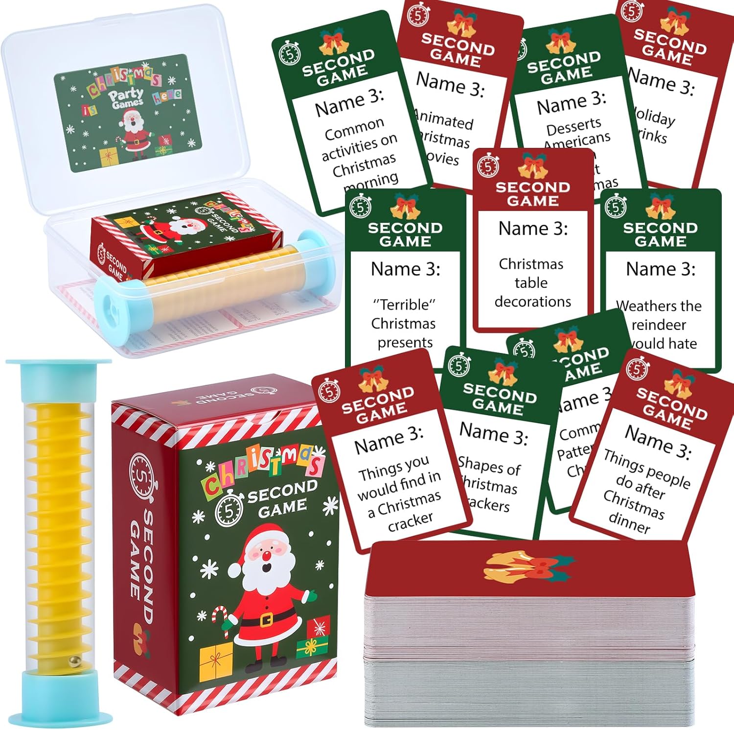 Christmas 5 Second Game with 110 Question Cards and 5 Second Hourglass,Funny Christmas Party Games,Simple Questions Card Game for Adults,Travel-Friendly for Game Nights & Sleepovers