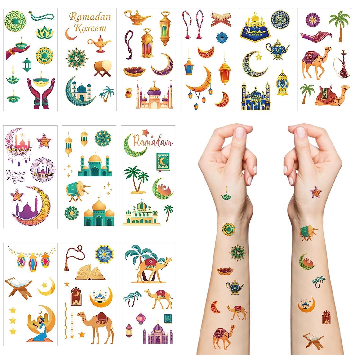 Eid Mubarak Temporary Tattoos, 12 Sheets in 6 Styles, Ramadan Party Supplies, Festival Favors with Islamic Designs