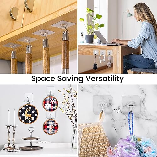 Miniatura 4 de Ganchos de pared  Ganchos adhesivos resistentes para colgar, 22 libras (máximo), resistentes al agua y al óxido, diseño transparente, ganchos de