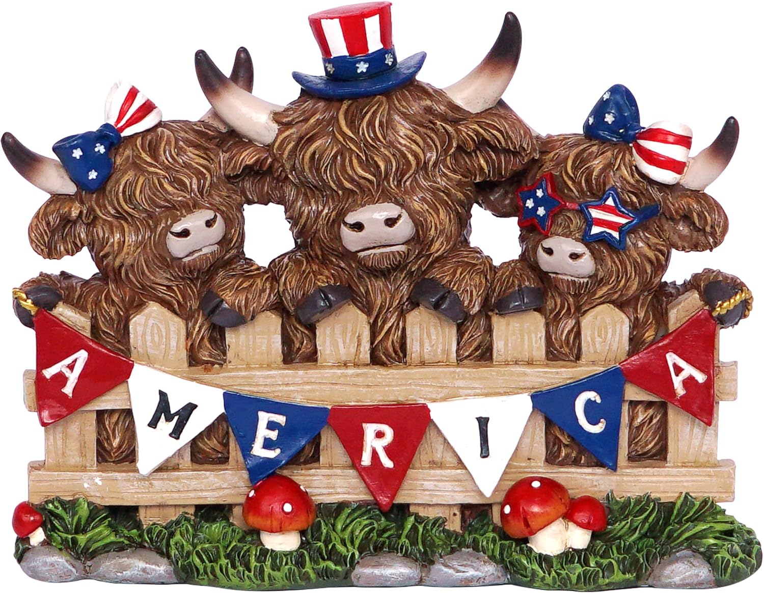 4th of July Highland Cow Red Blue White Decor, Peeking Over Fence with America Banner, Patriotic Memorial Day Rustic Resin Ornaments for Farmhouse Table Decoration, US 250th Independence Day Gift